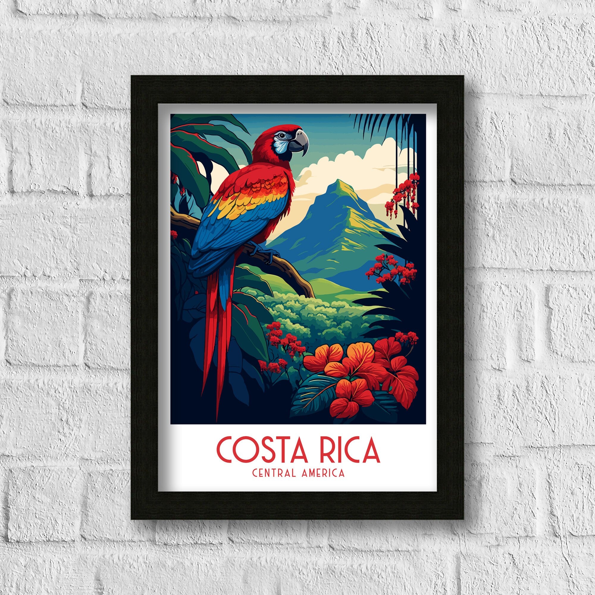 Costa Rica Travel Poster | Tropical Parrot, Rainforest Art Print