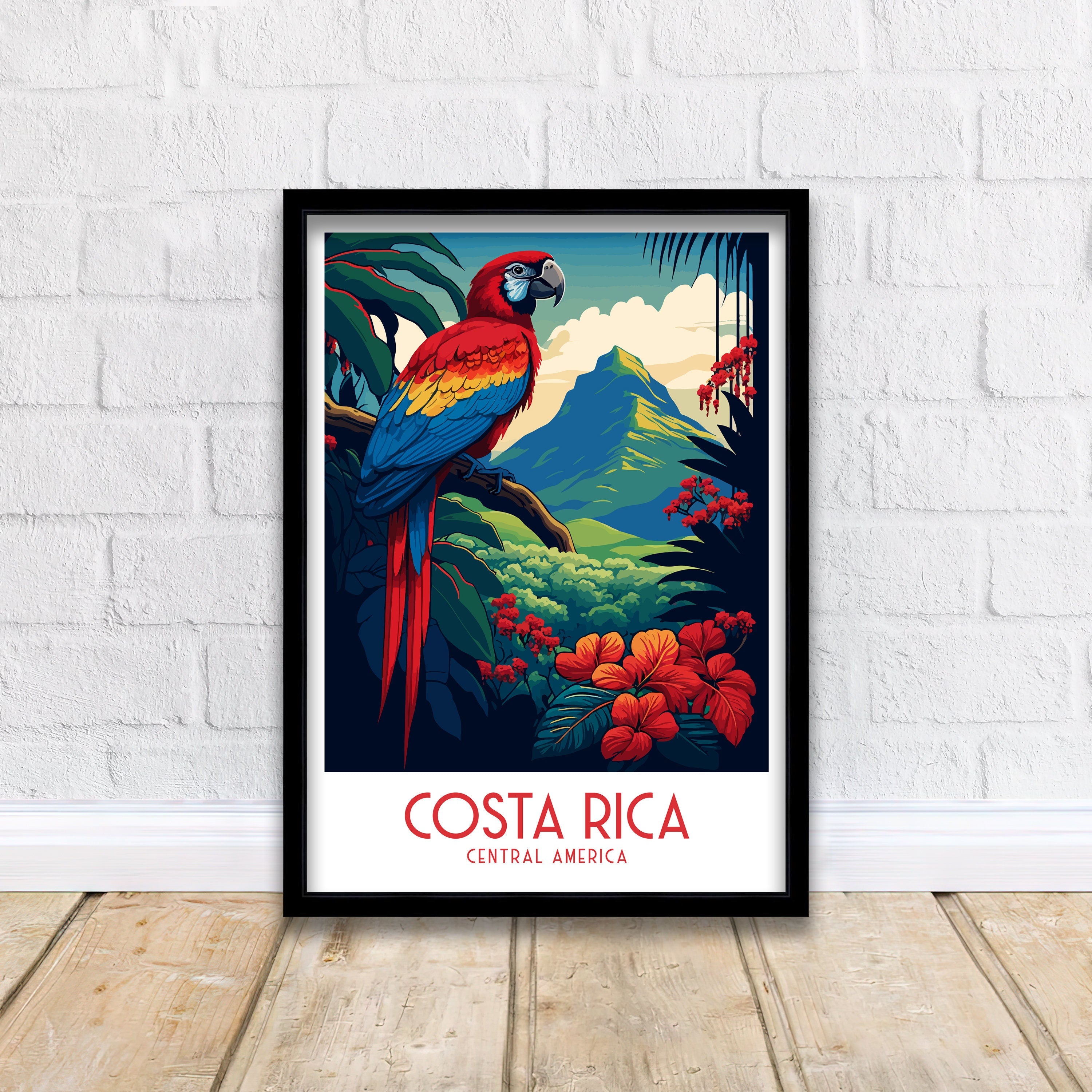 Costa Rica Travel Poster | Tropical Parrot, Rainforest Art Print