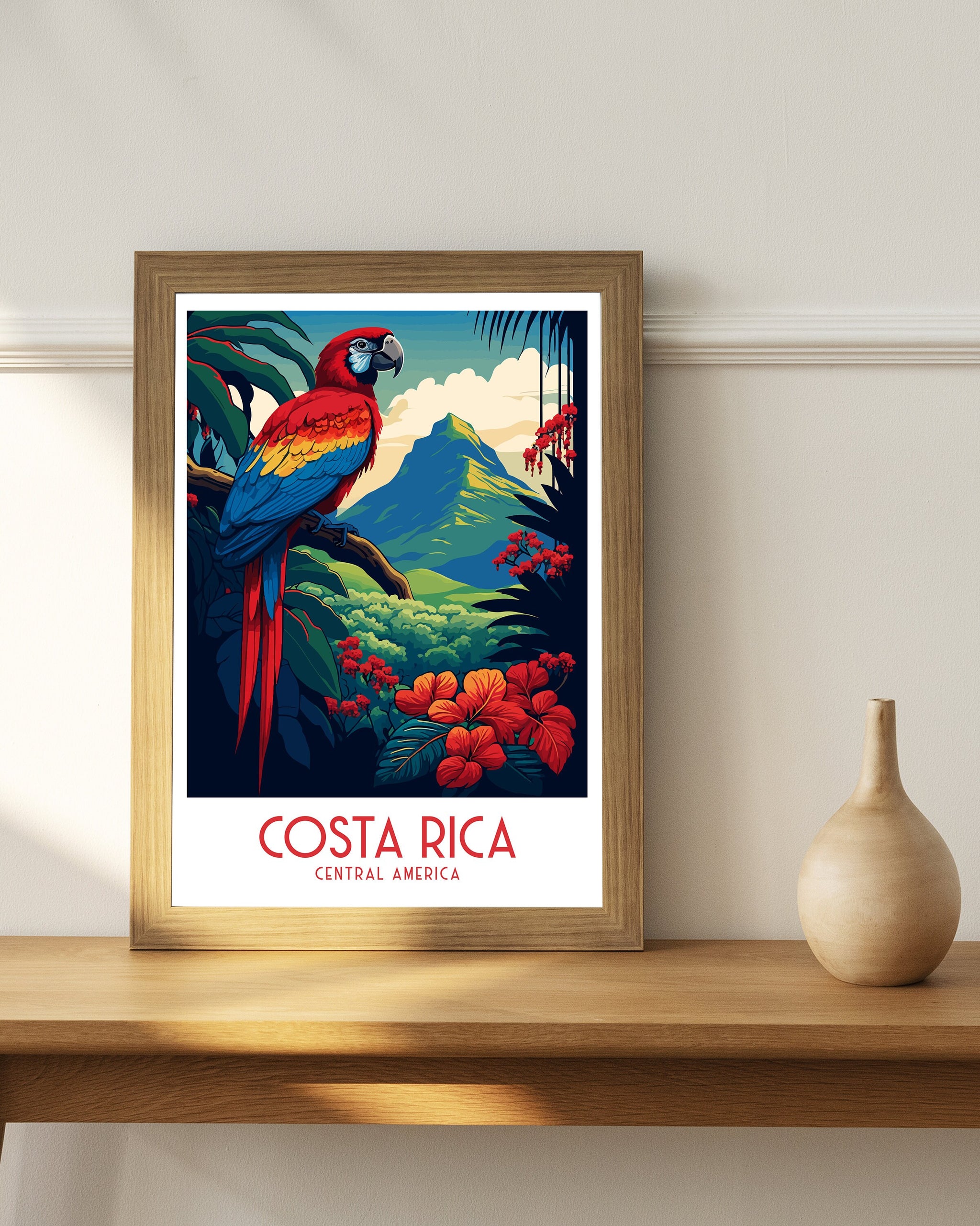 Costa Rica Travel Poster | Tropical Parrot, Rainforest Art Print