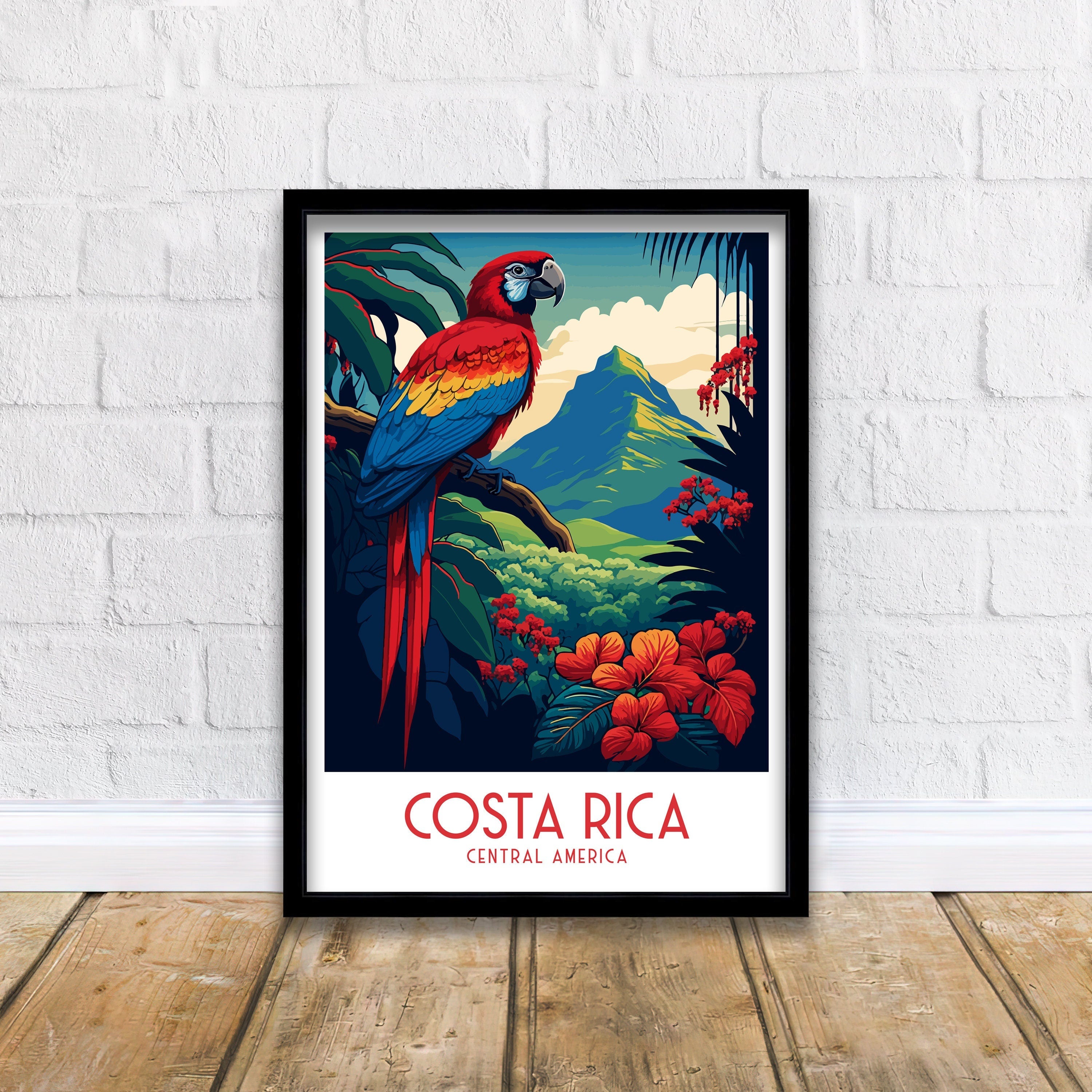 Costa Rica Travel Poster | Tropical Parrot, Rainforest Art Print