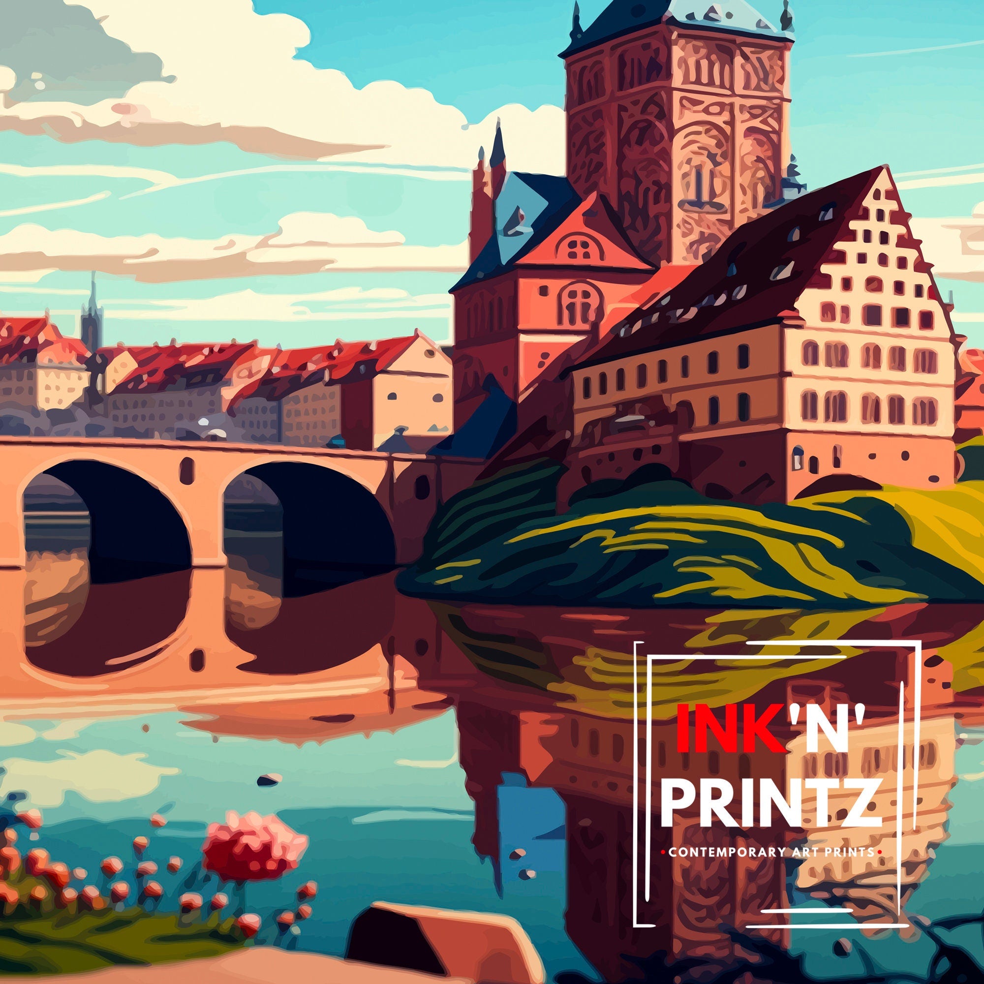 Wurzburg Germany Travel Print, Illustrated Cityscape