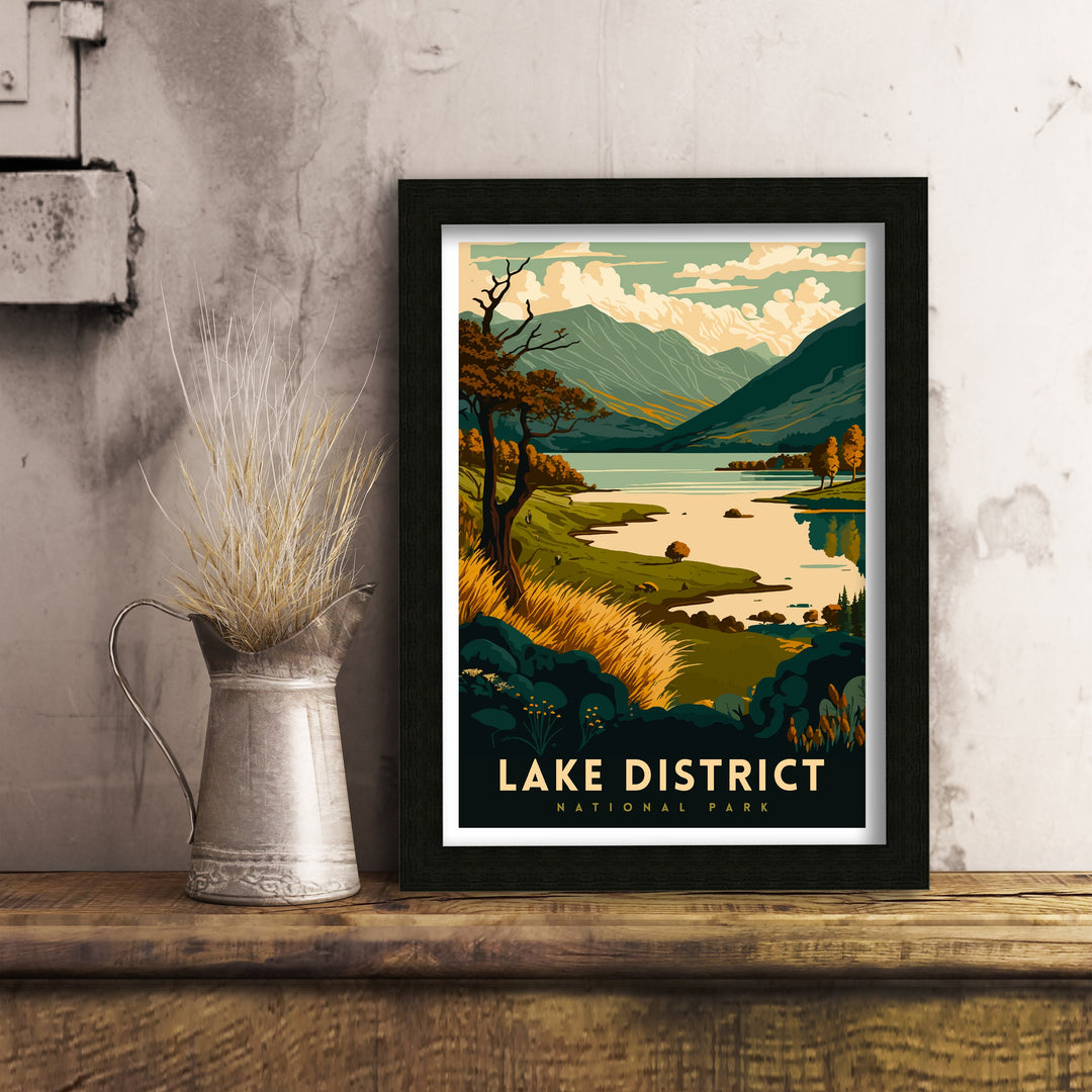 Lake District Travel Poster UK National Park Wall Art - England Travel Poster Lake District Home Decor Gift for Hikers - Nature Illustration