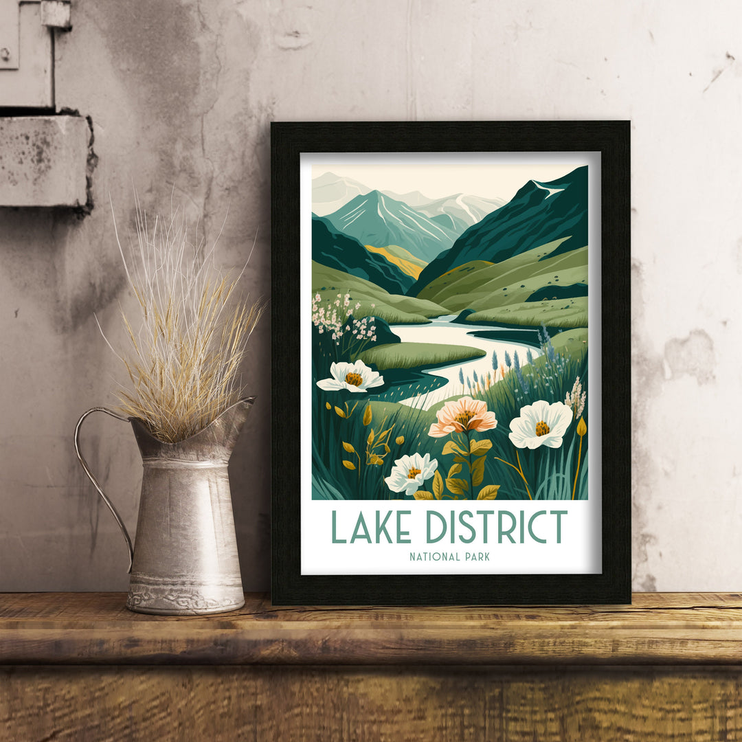 Lake District Travel Poster UK National Park Wall Art - England Travel Poster Lake District Home Decor Gift for Hikers - Nature Illustration