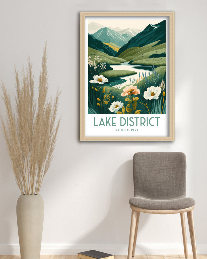 Lake District Travel Poster UK National Park Wall Art - England Travel Poster Lake District Home Decor Gift for Hikers - Nature Illustration