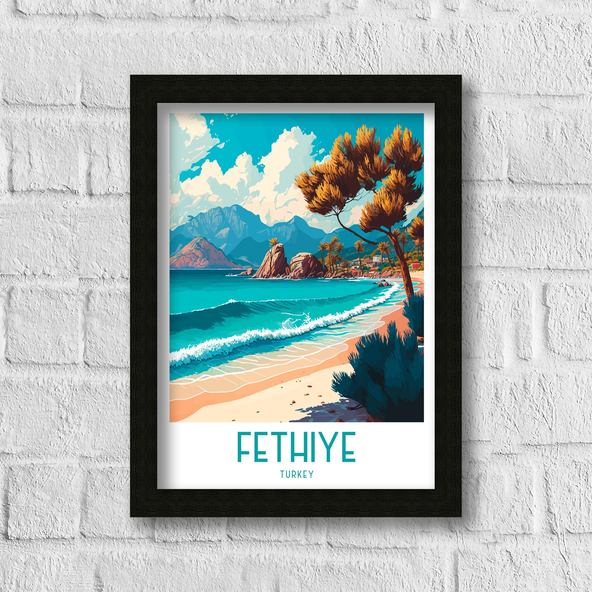 Fethiye Turkey Travel Poster, Coastal Illustration