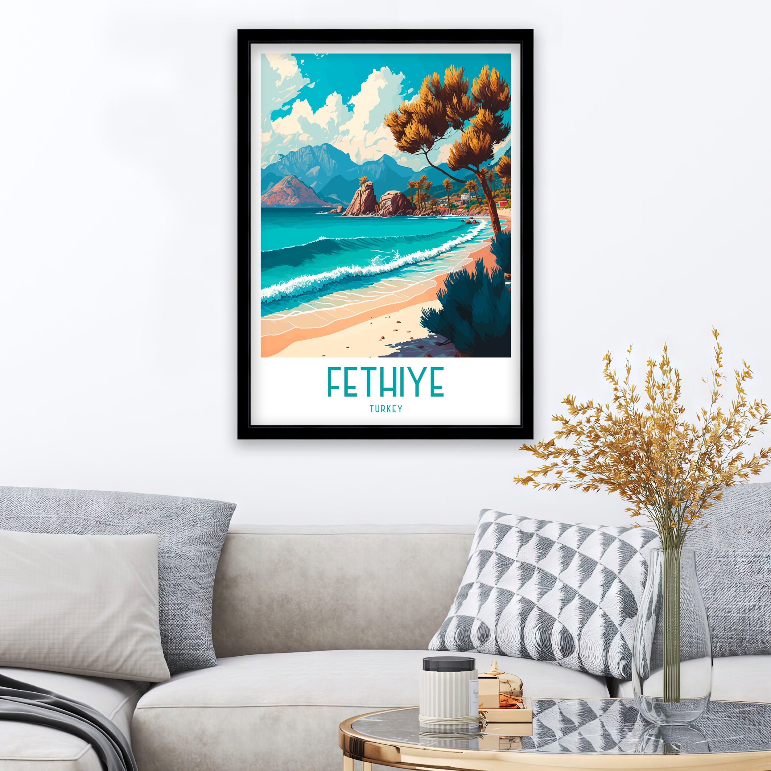 Fethiye Turkey Travel Poster, Coastal Illustration