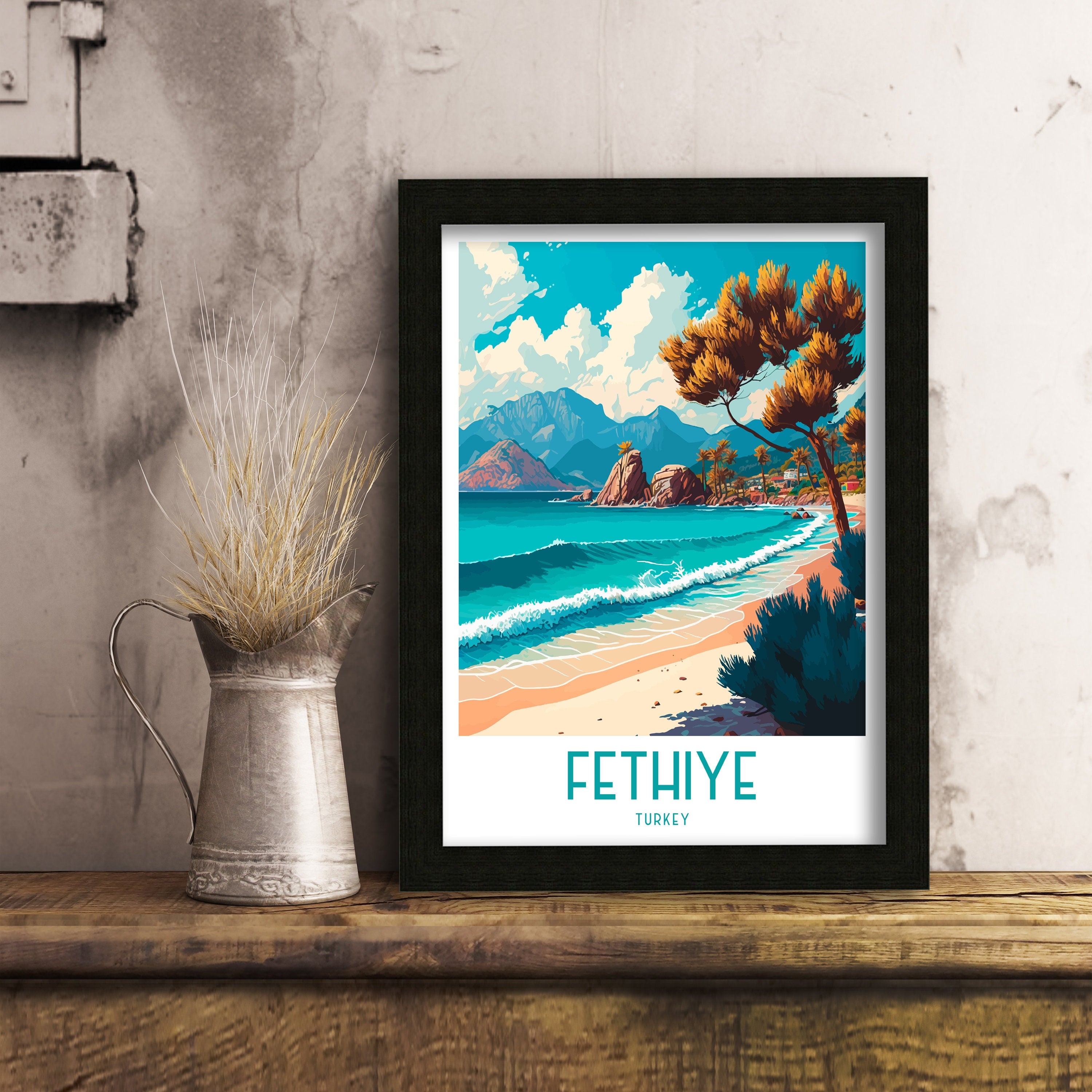 Fethiye Turkey Travel Poster, Coastal Illustration