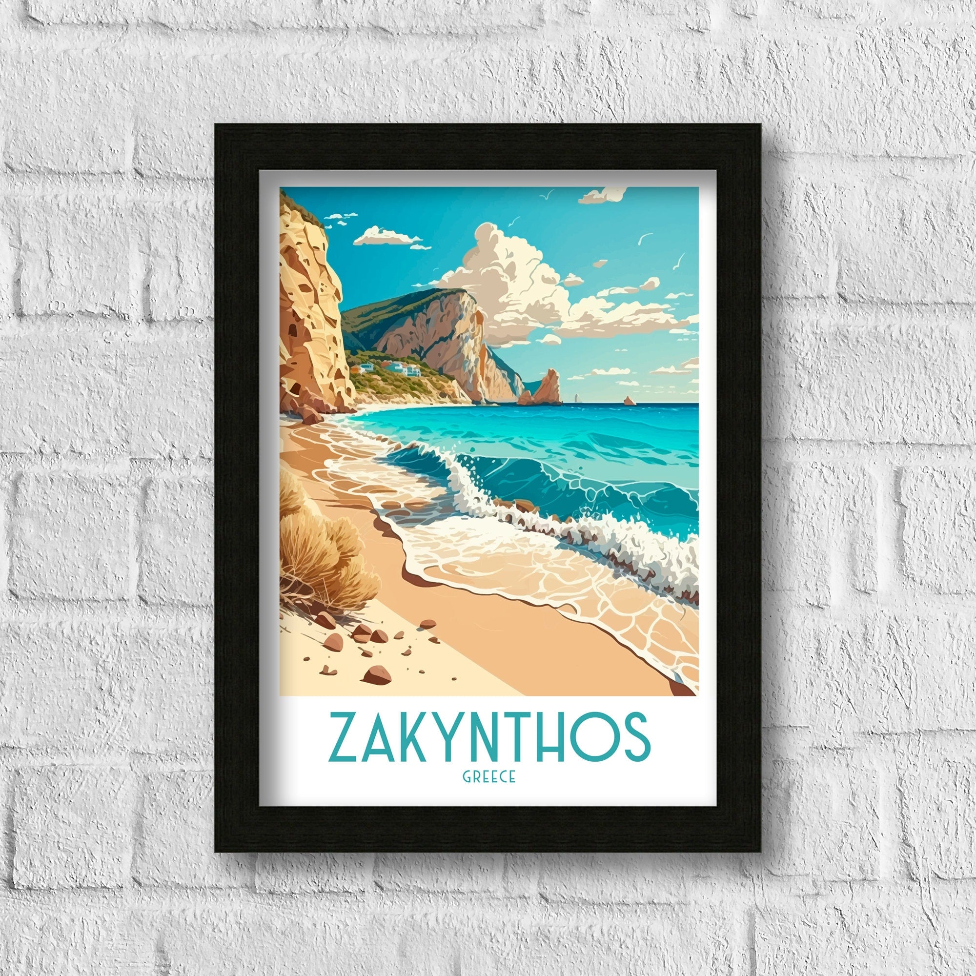 Zakynthos Greece Travel Poster: Beach & Cliffs Art Print