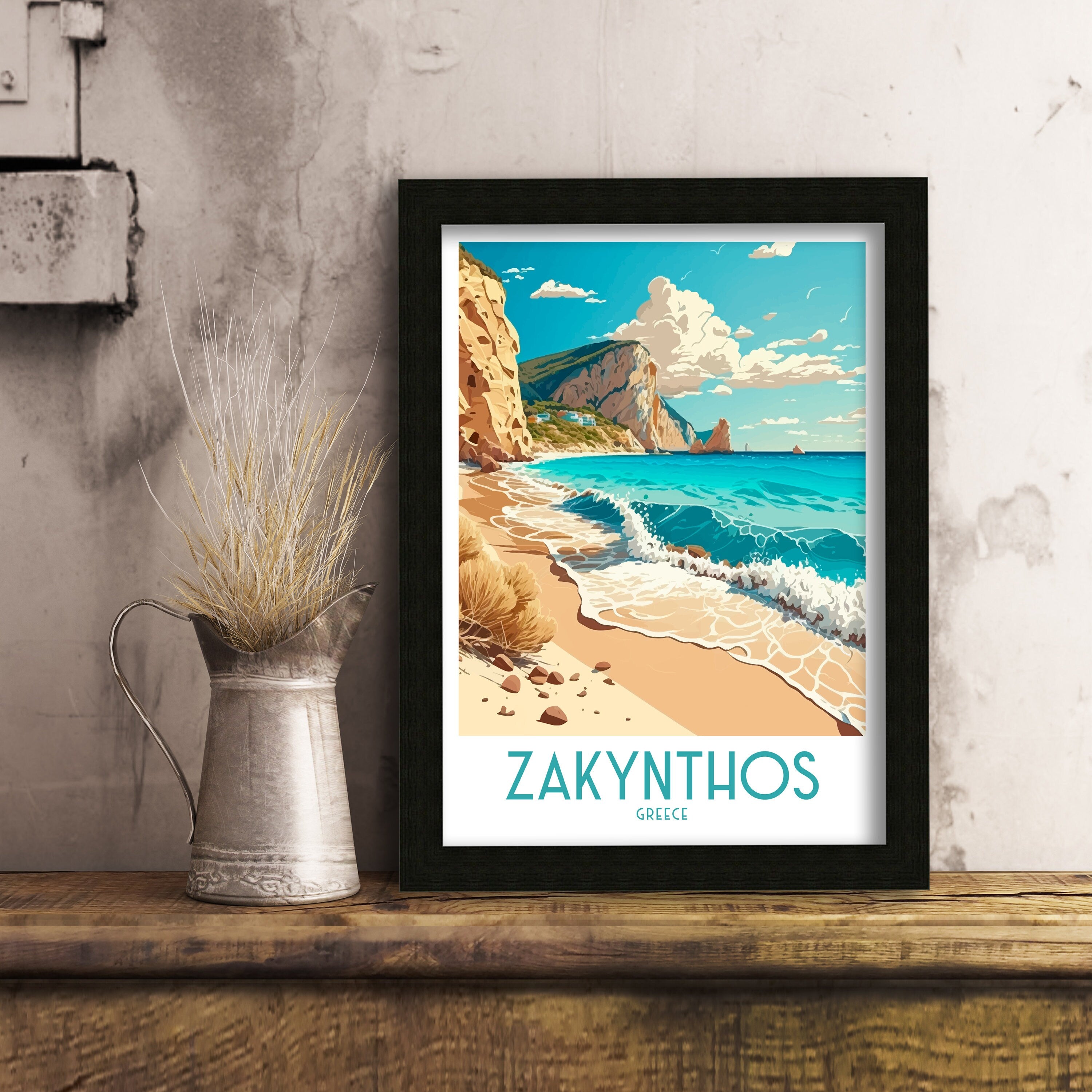 Zakynthos Greece Travel Poster: Beach & Cliffs Art Print