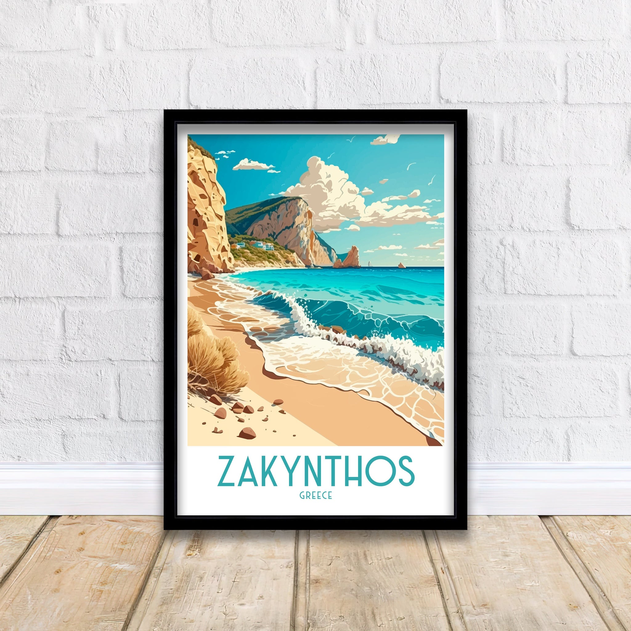 Zakynthos Greece Travel Poster: Beach & Cliffs Art Print