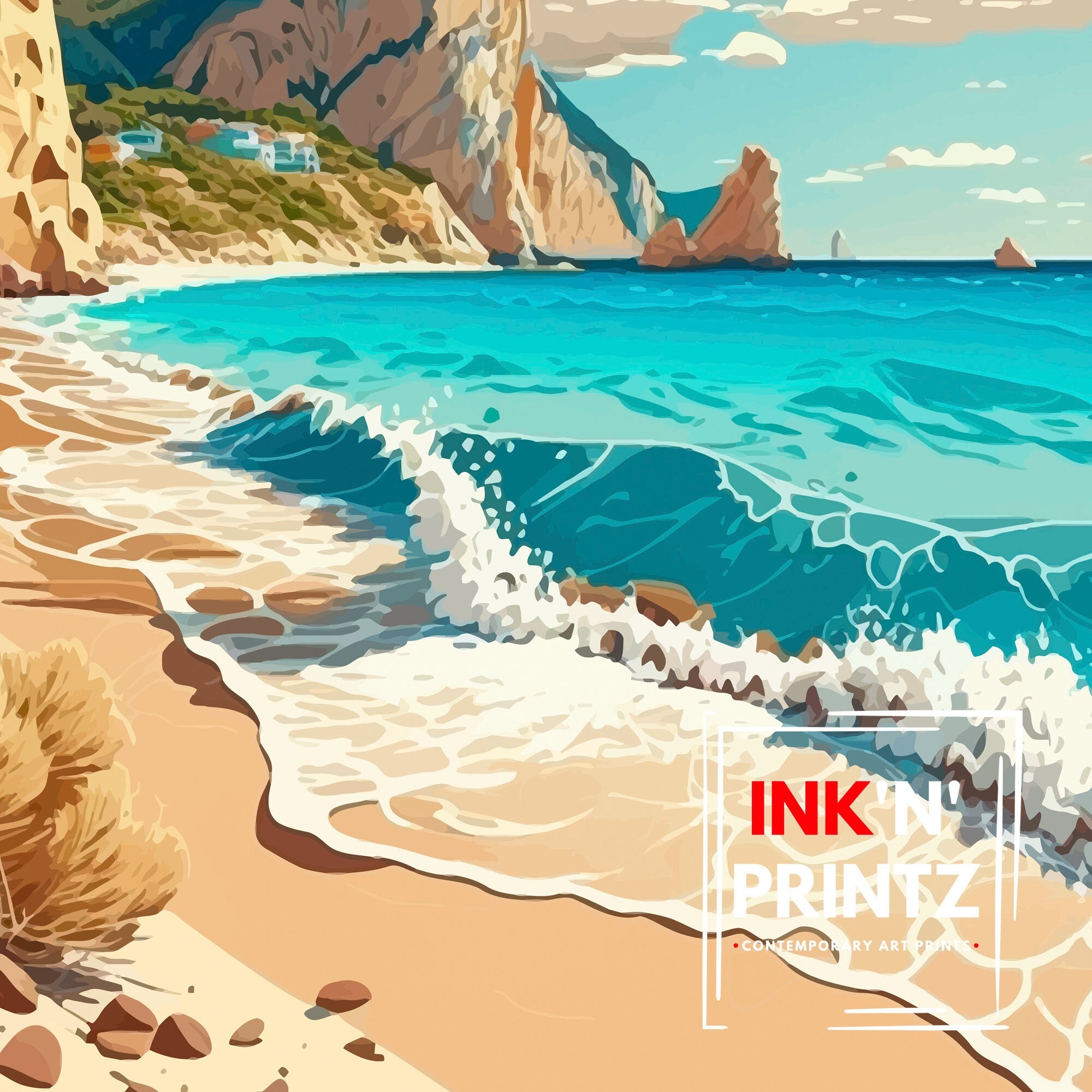 Zakynthos Greece Travel Poster: Beach & Cliffs Art Print