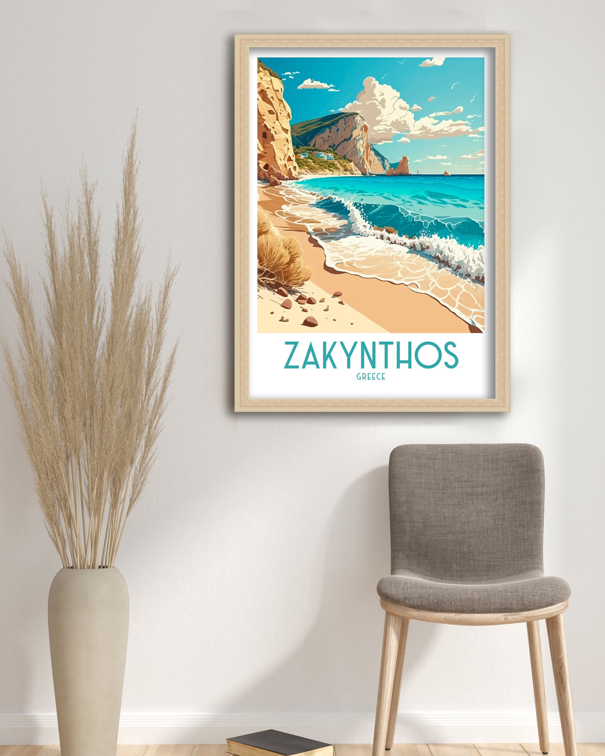 Zakynthos Greece Travel Poster: Beach & Cliffs Art Print