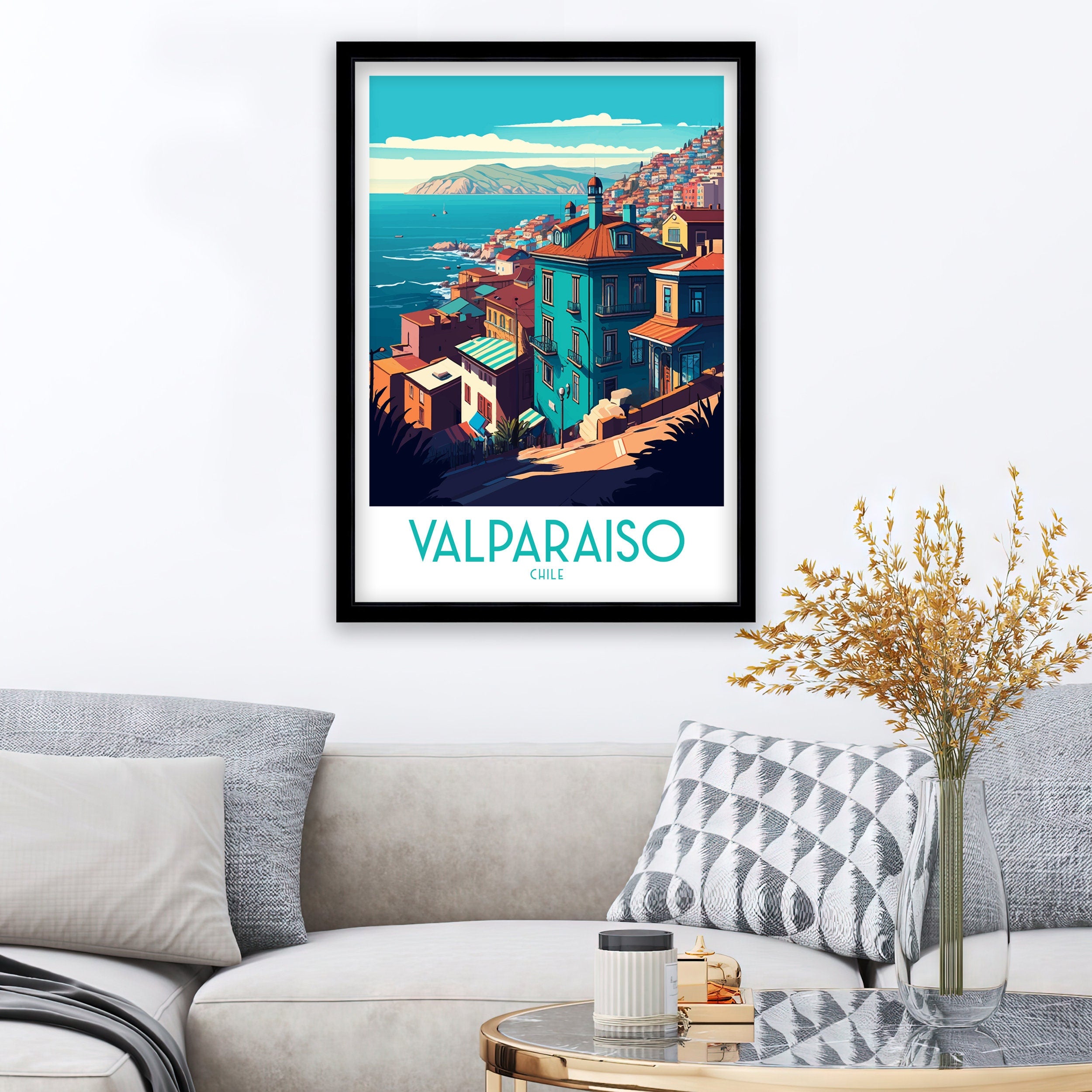 Valparaiso Chile Travel Poster, Colorful Architecture Art Print