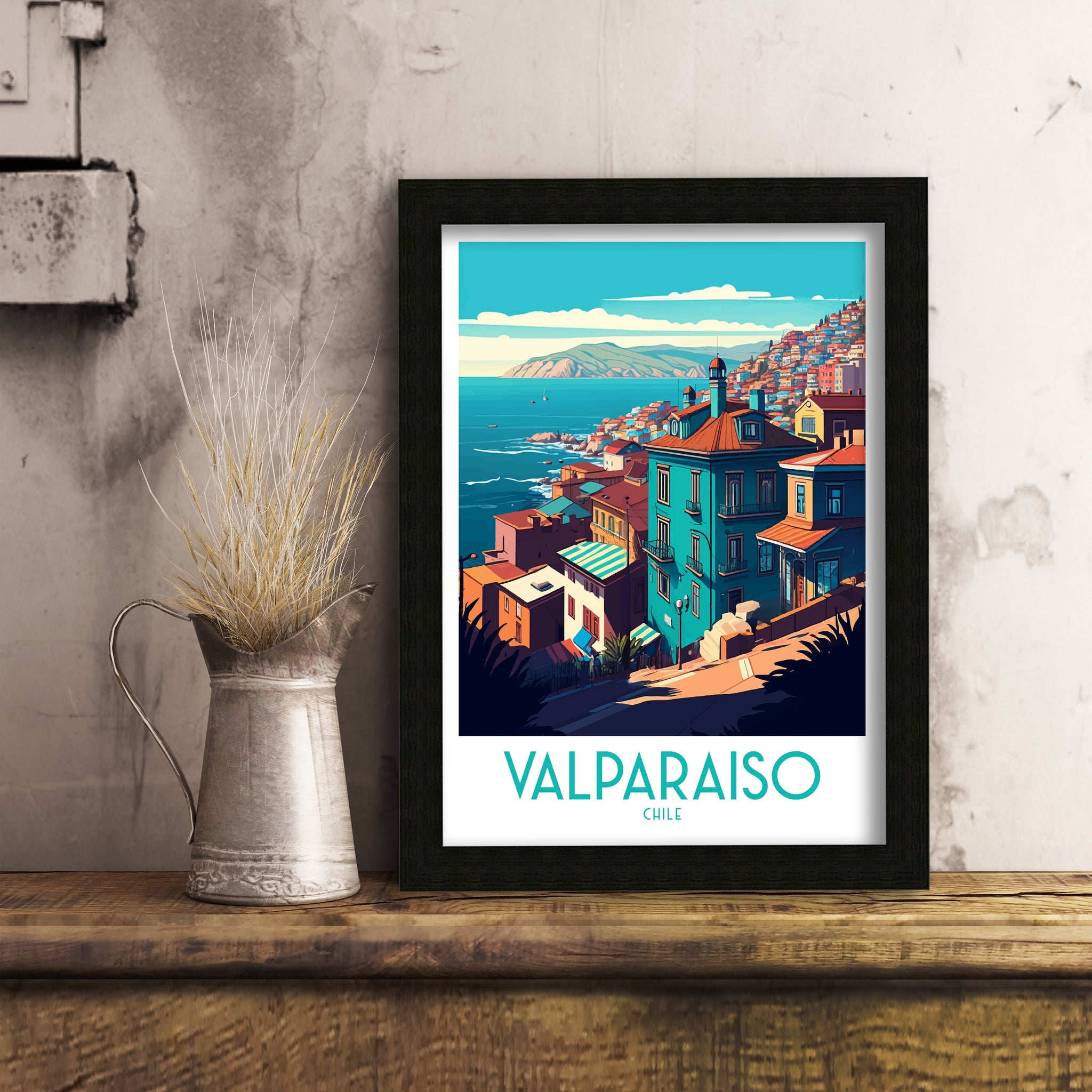 Valparaiso Chile Travel Poster, Colorful Architecture Art Print
