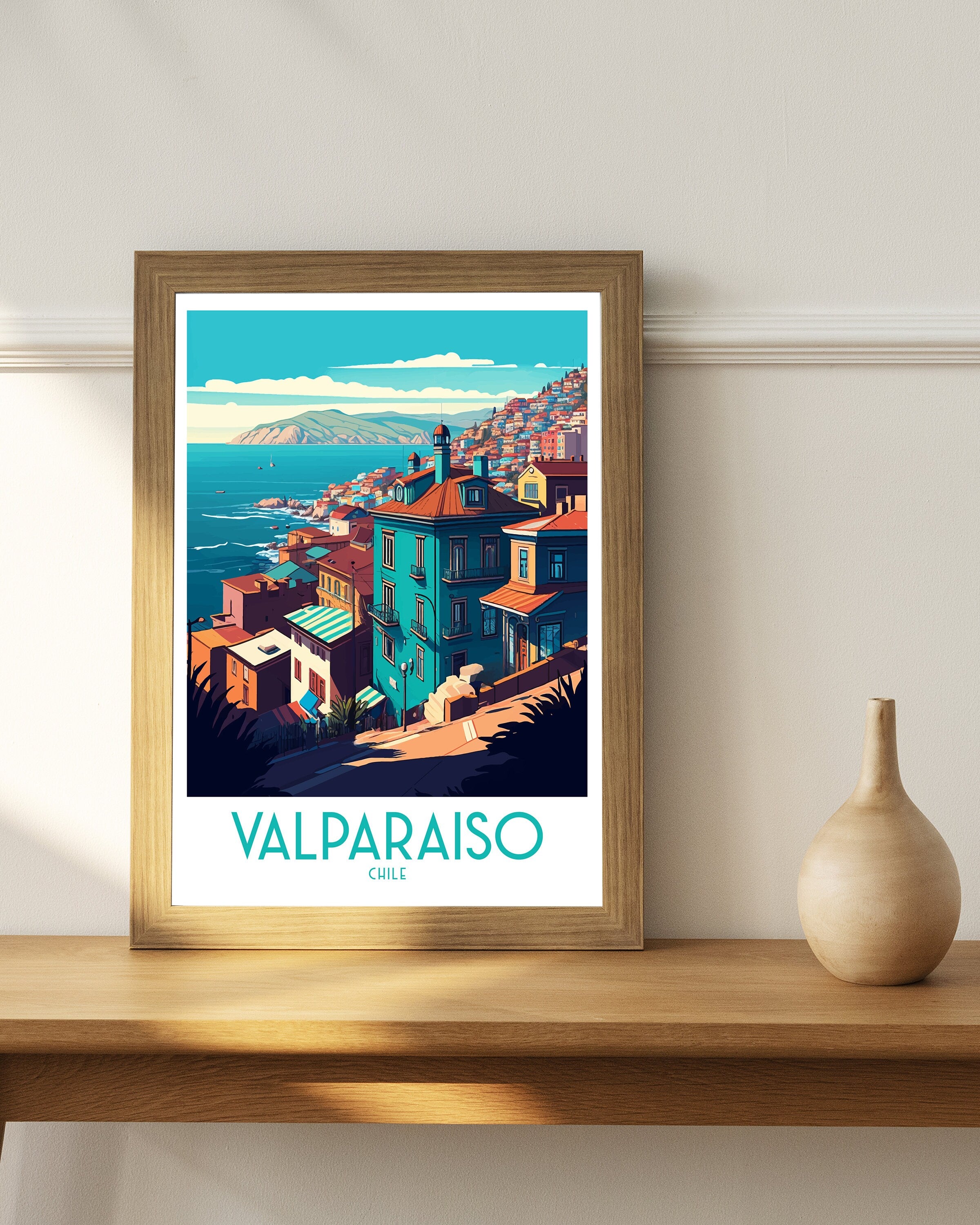 Valparaiso Chile Travel Poster, Colorful Architecture Art Print