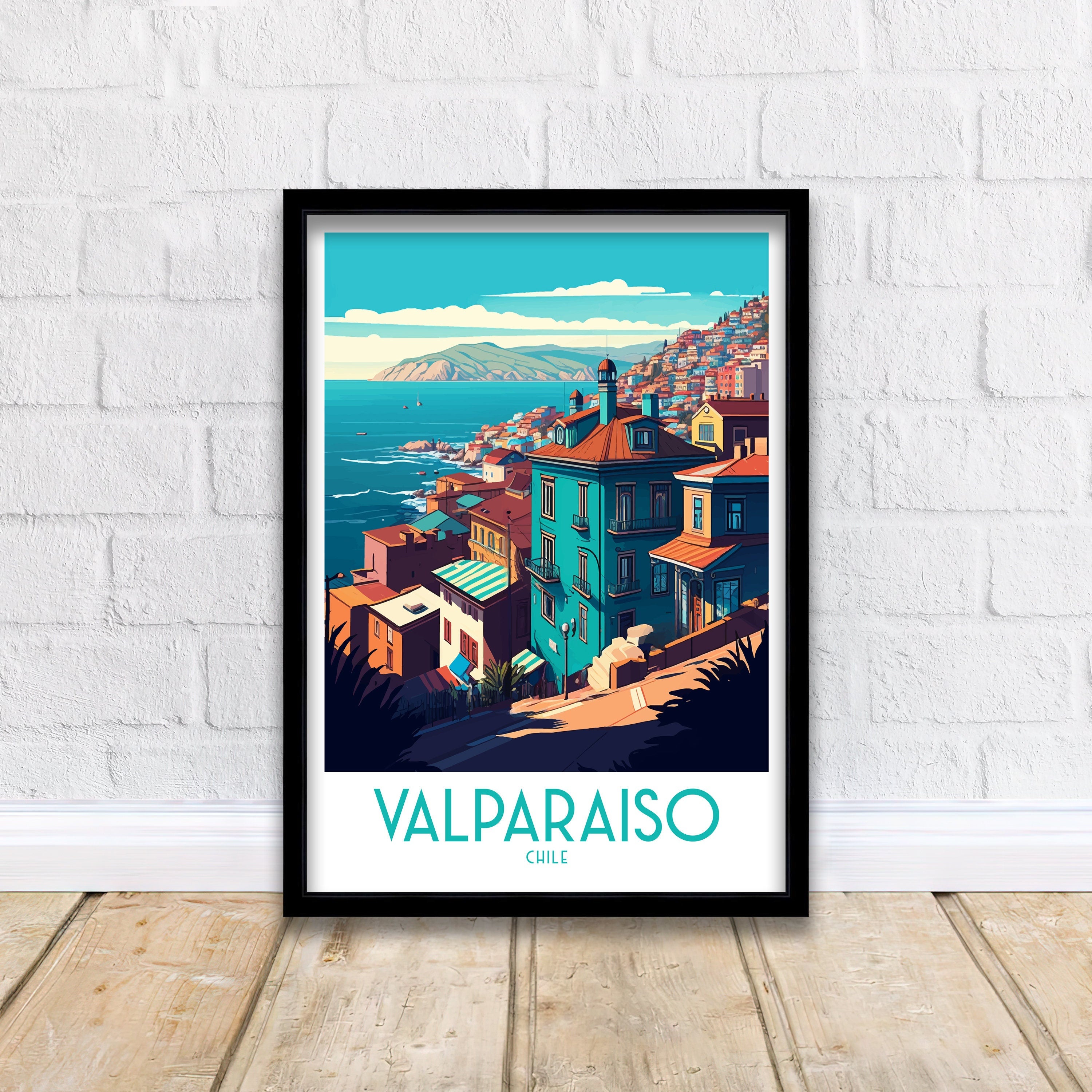 Valparaiso Chile Travel Poster, Colorful Architecture Art Print
