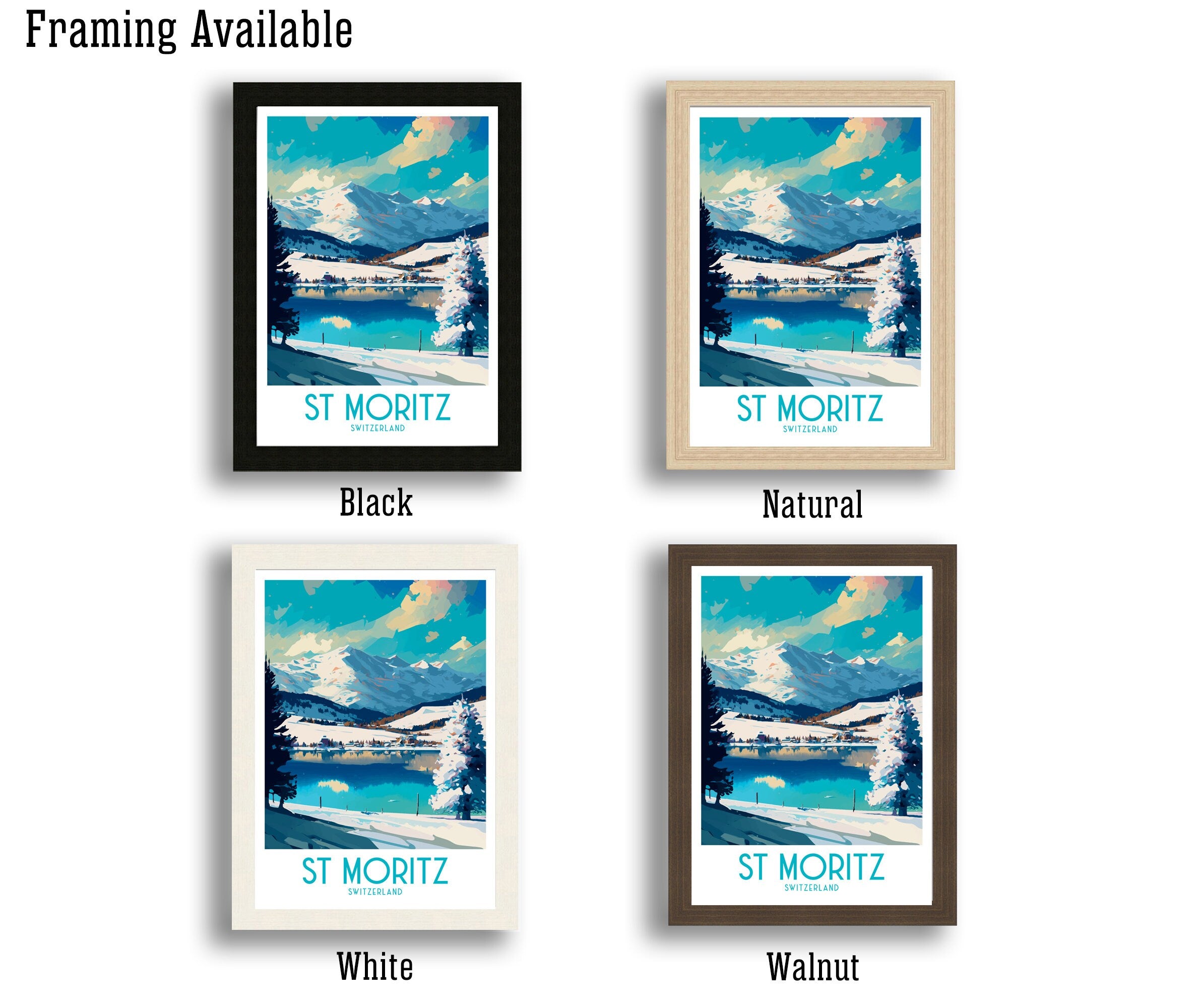 St Moritz Switzerland Travel Poster | Mountain Lake Art Print