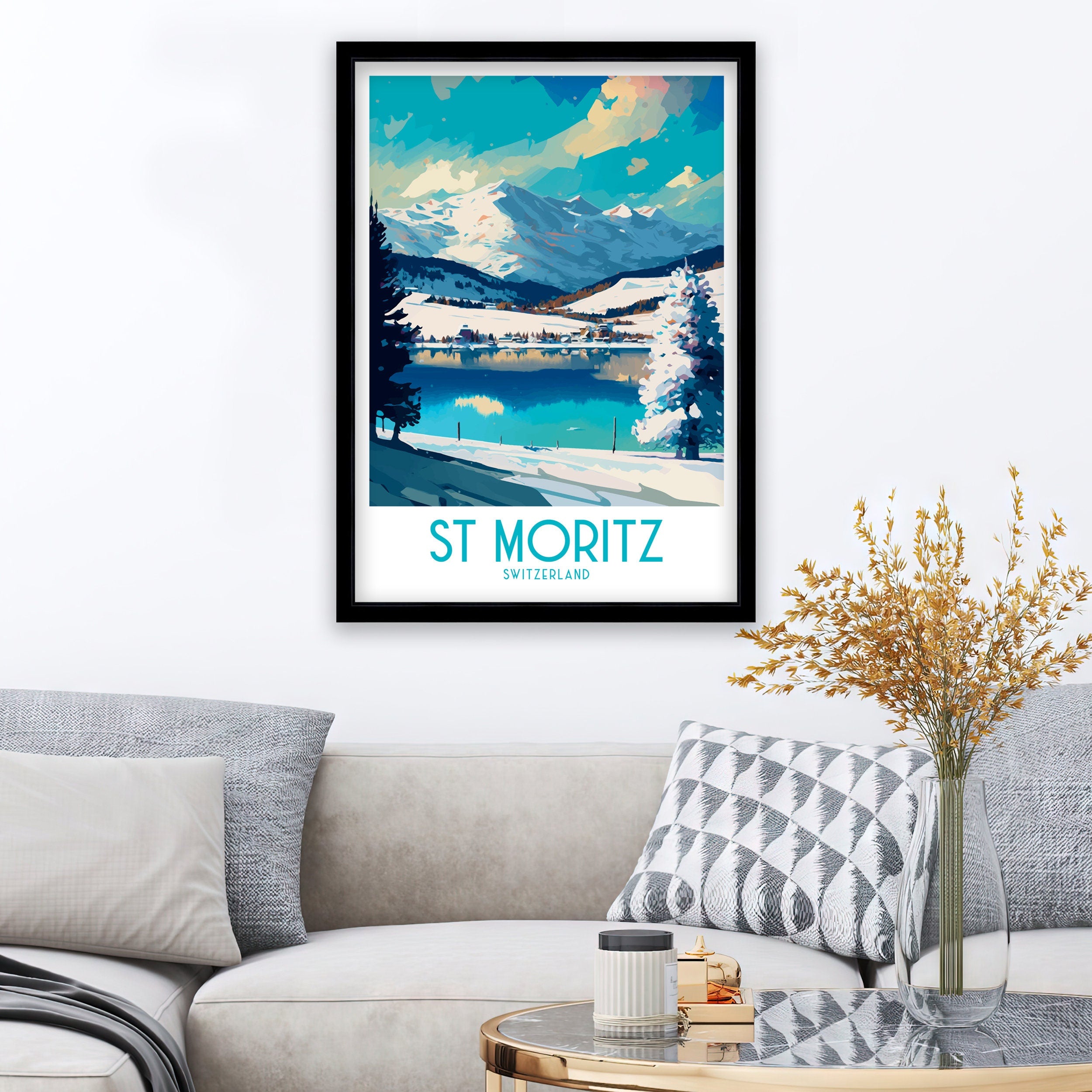 St Moritz Switzerland Travel Poster | Mountain Lake Art Print