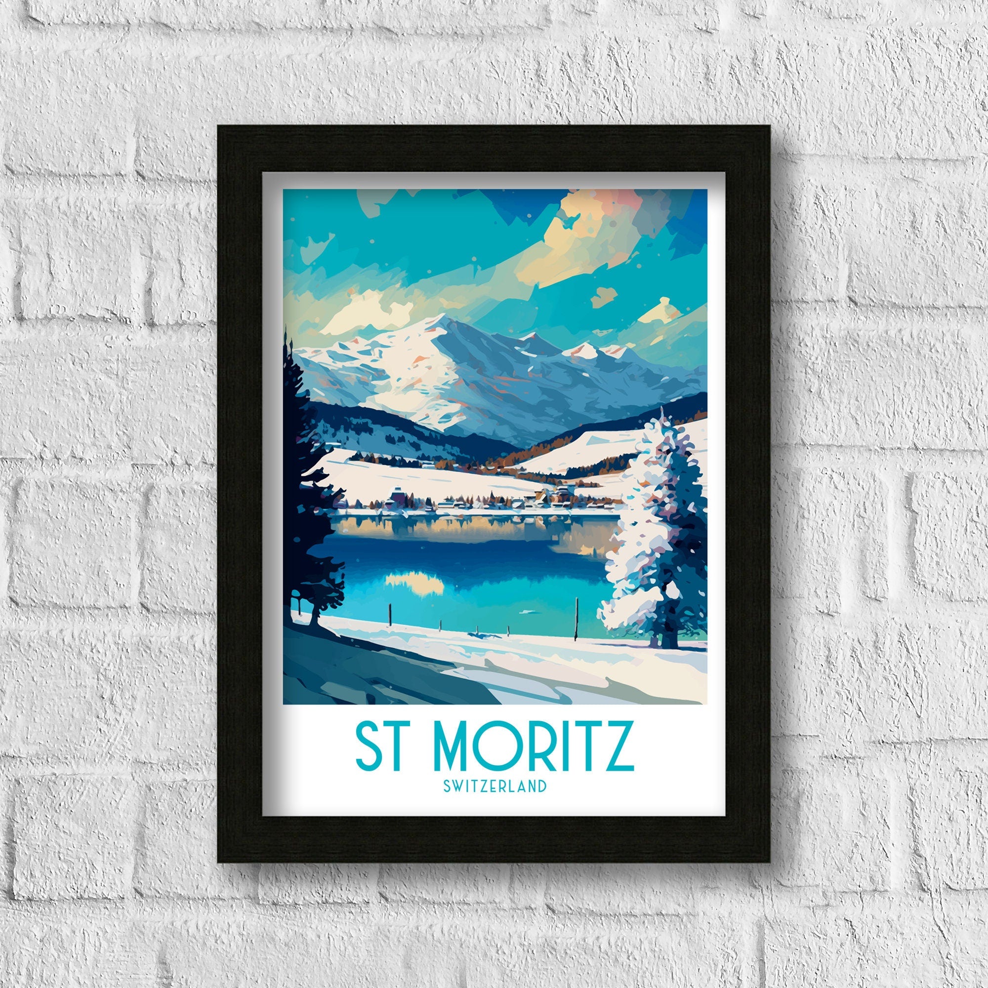 St Moritz Switzerland Travel Poster | Mountain Lake Art Print
