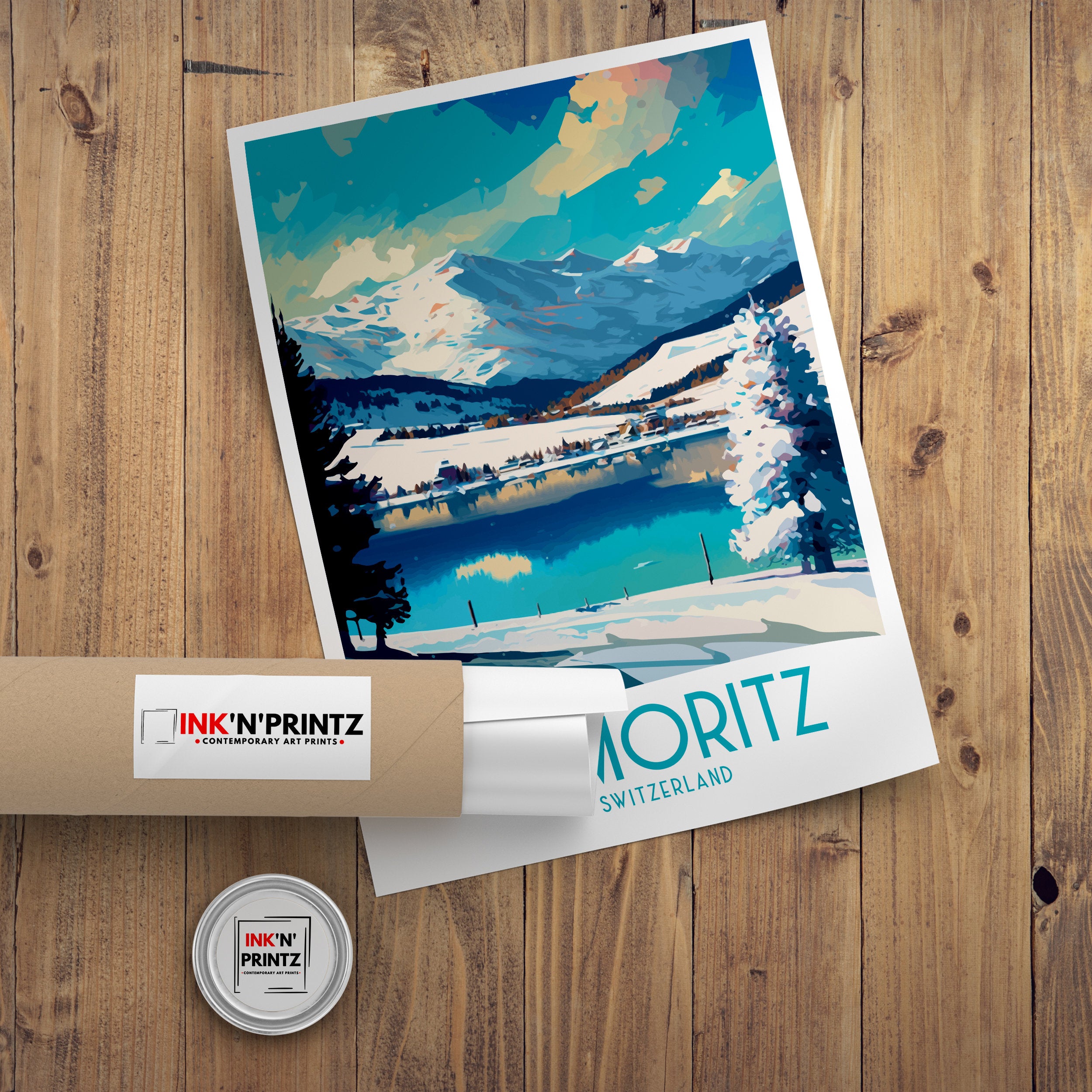 St Moritz Switzerland Travel Poster | Mountain Lake Art Print