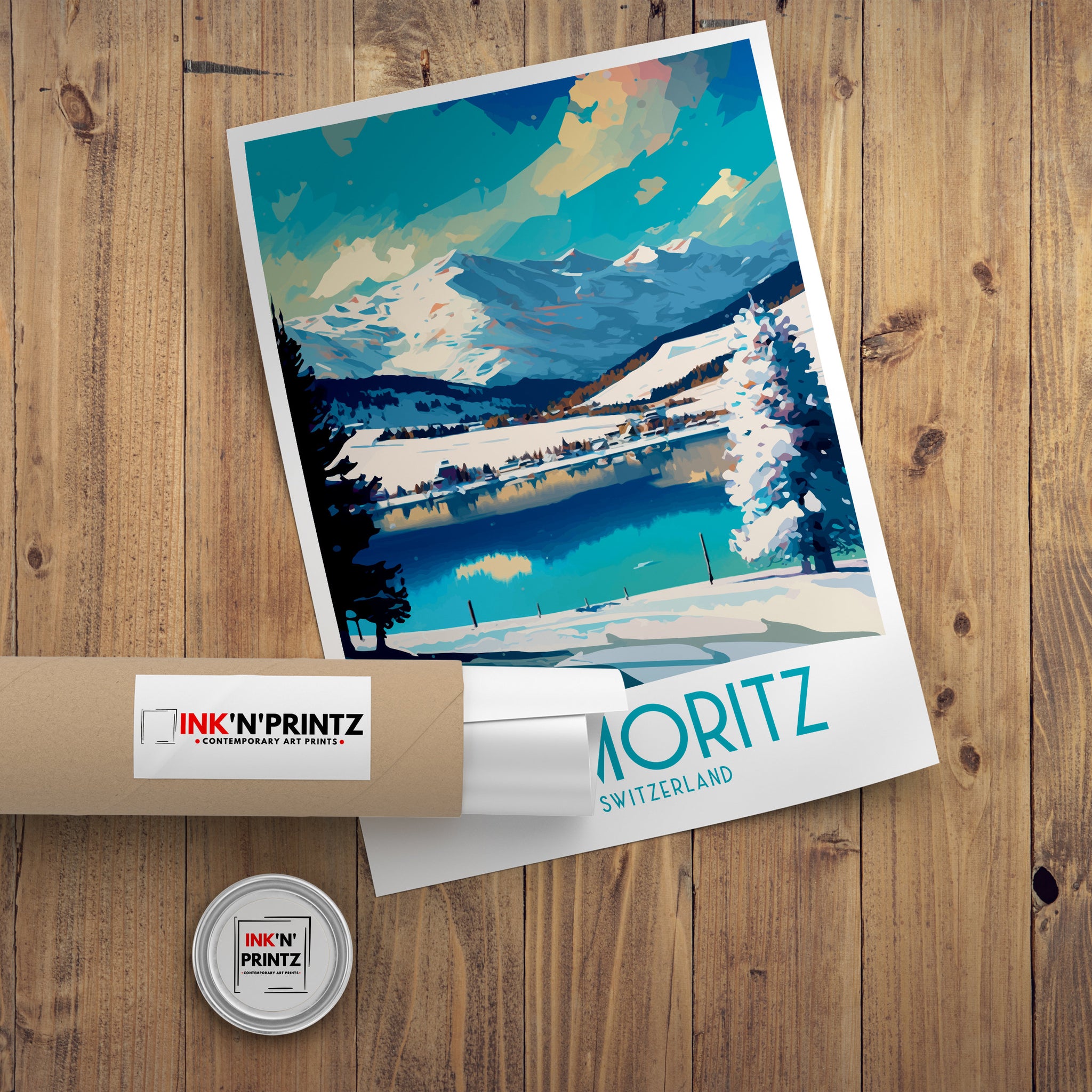 St Moritz Switzerland Travel Poster | Mountain Lake Art Print