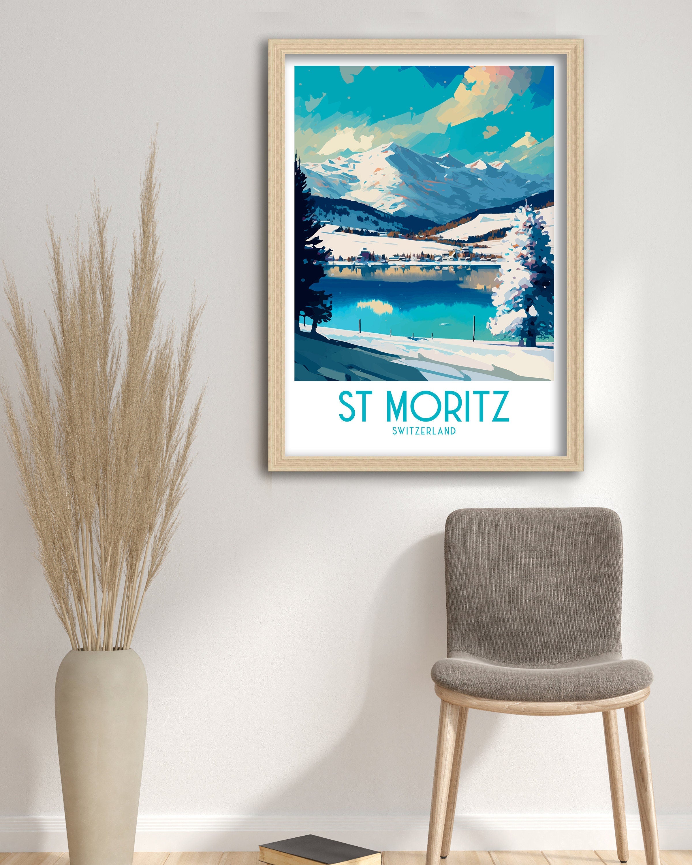 St Moritz Switzerland Travel Poster | Mountain Lake Art Print