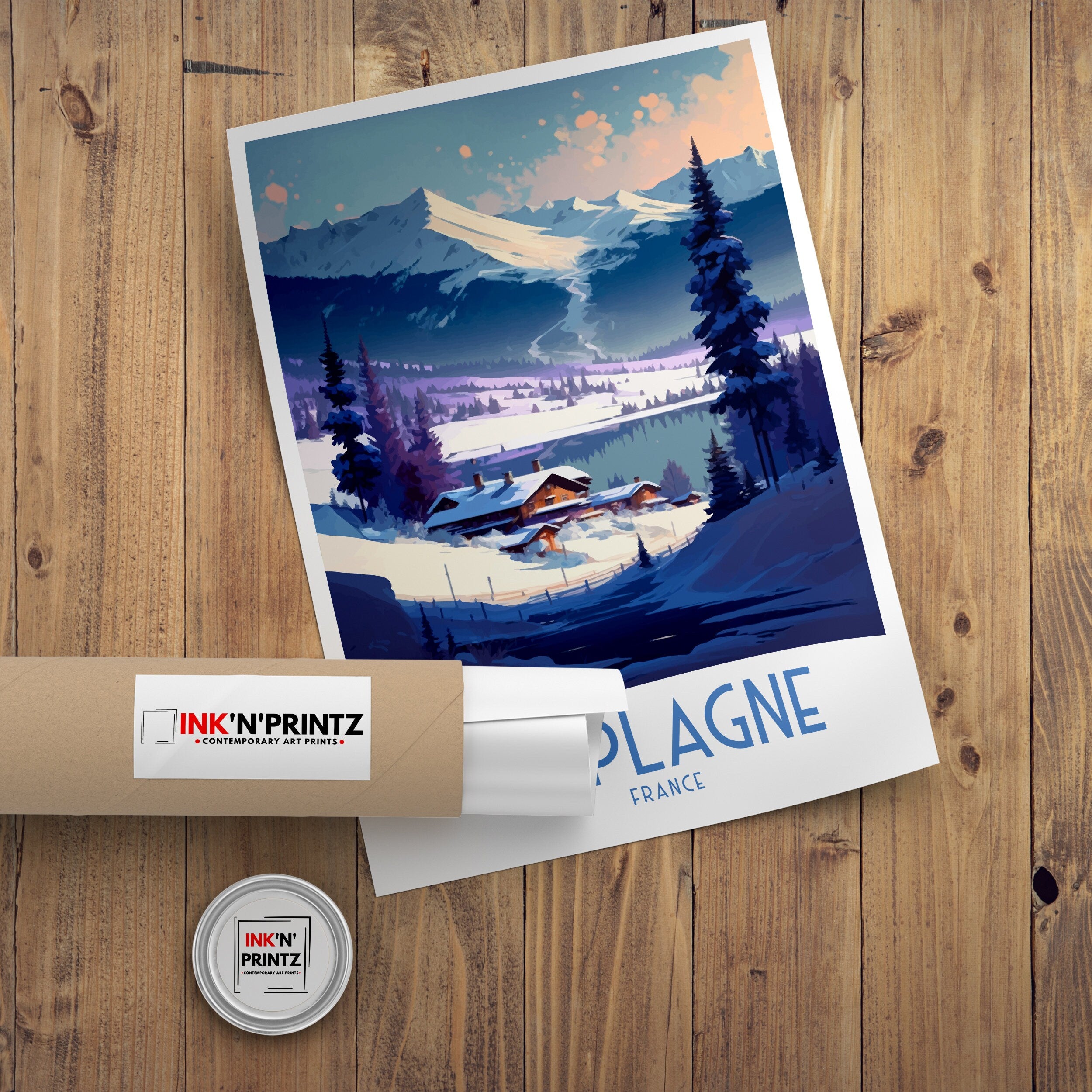 La Plagne France Travel Poster, French Alps Illustration