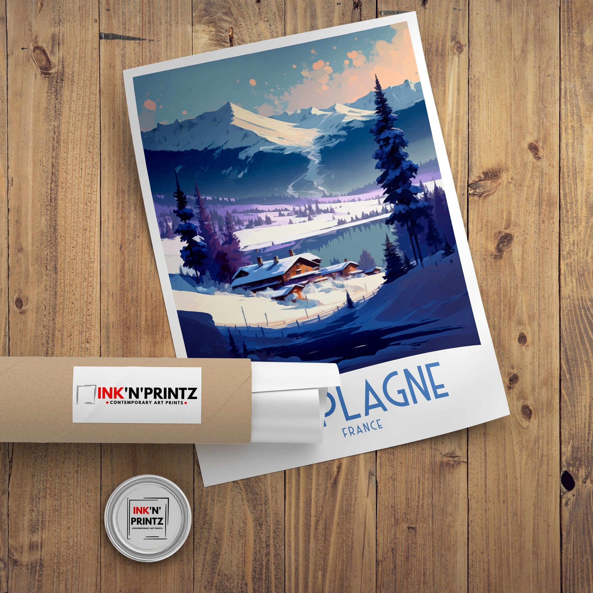La Plagne France Travel Poster, French Alps Illustration