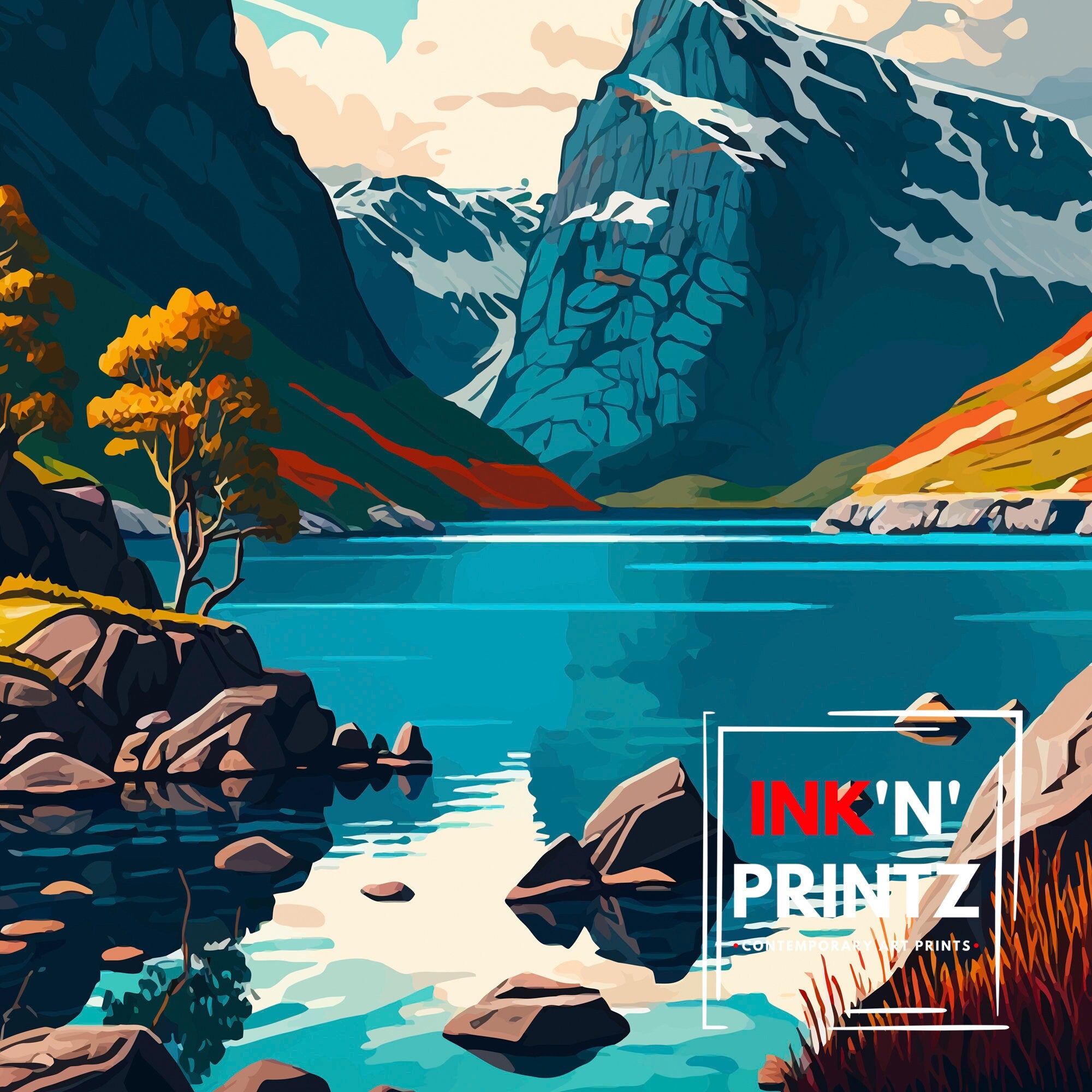 Norway Fjords Travel Print, Scenic Illustration, Home Decor
