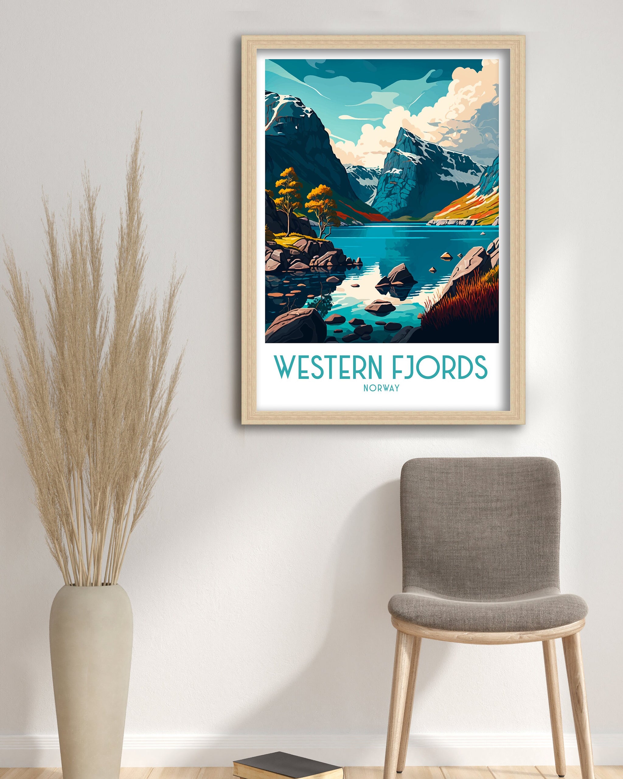 Norway Fjords Travel Print, Scenic Illustration, Home Decor