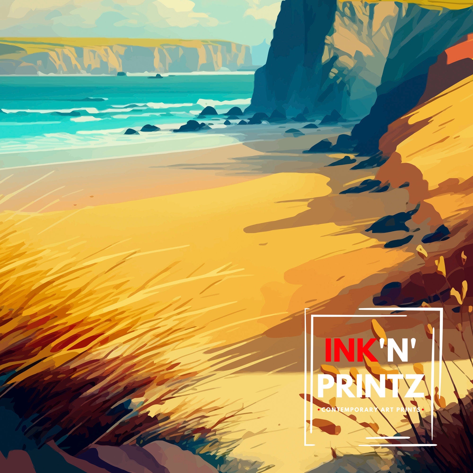 Perranporth Beach Travel Print | Cornwall Coastal Art