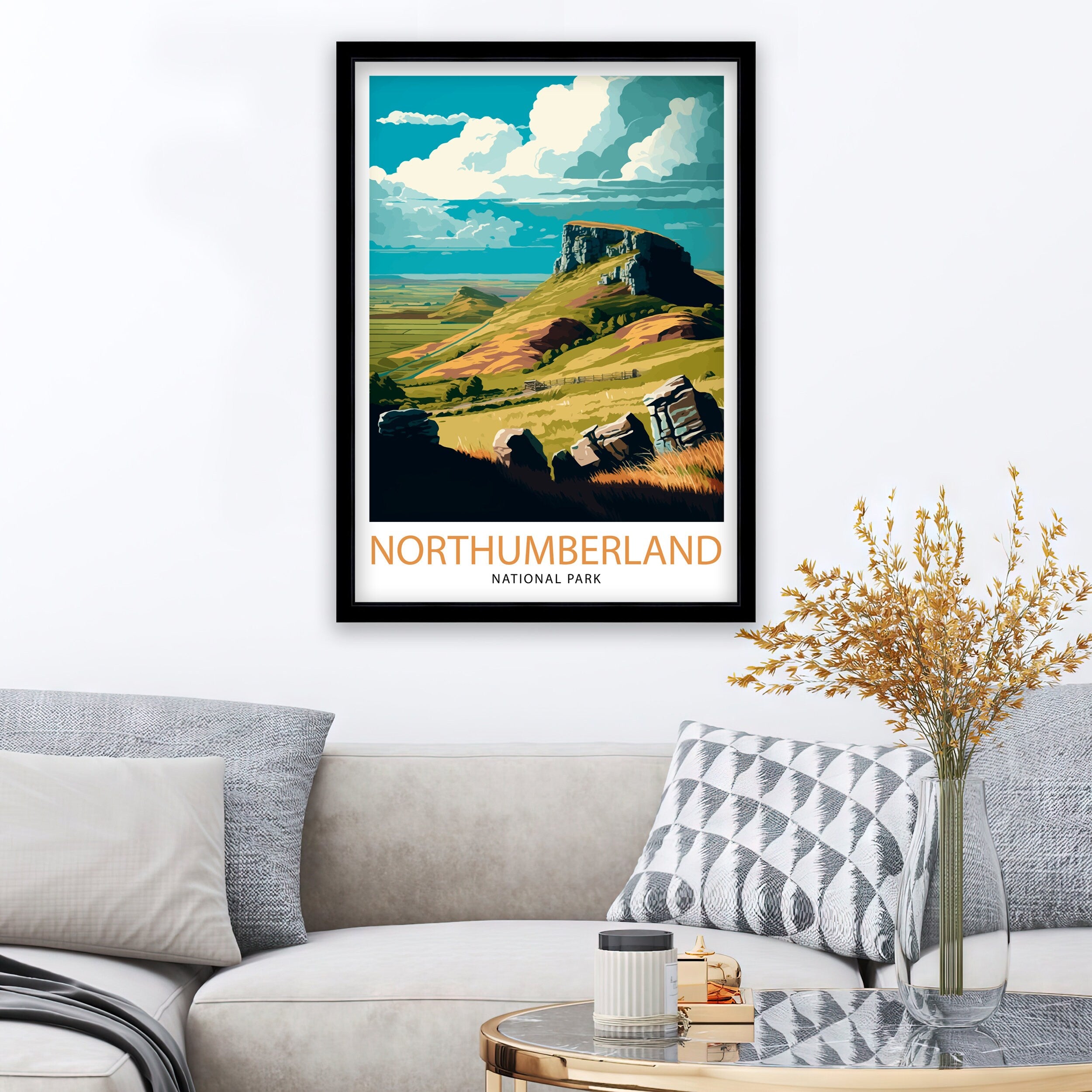 Northumberland National Park Travel Poster, England Landscape Art Print