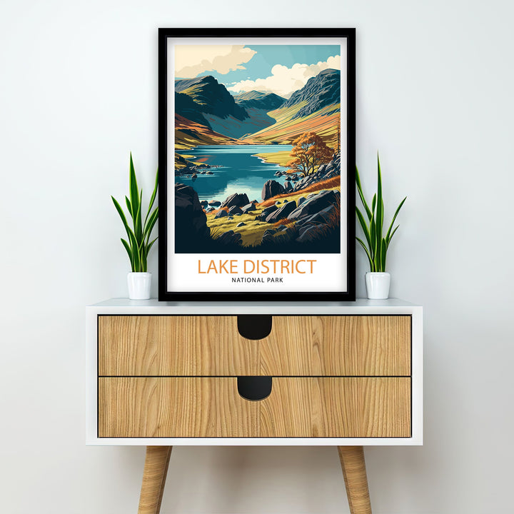 Lake District Travel Poster UK National Park Wall Art - England Travel Poster Lake District Home Decor Gift for Hikers - Nature Illustration