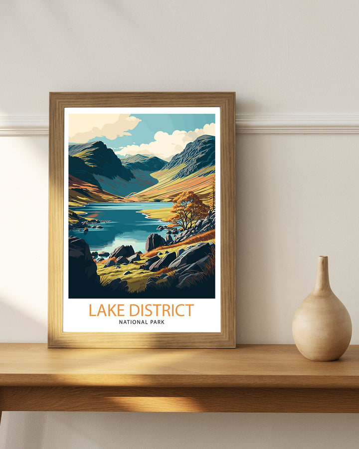 Lake District Travel Poster UK National Park Wall Art - England Travel Poster Lake District Home Decor Gift for Hikers - Nature Illustration