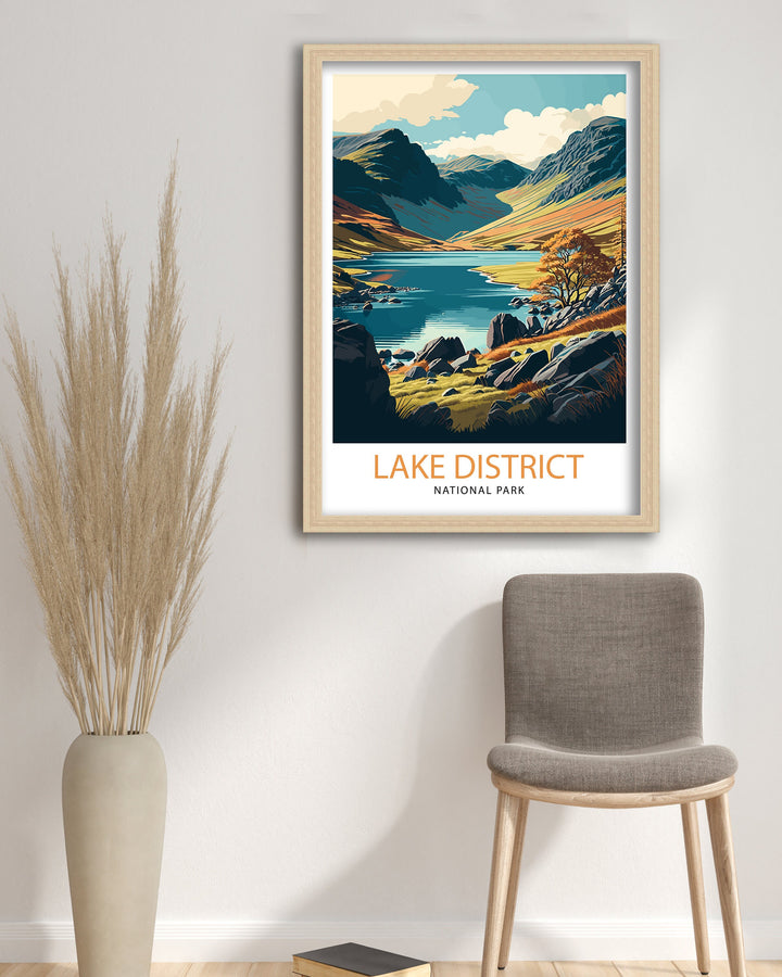 Lake District Travel Poster UK National Park Wall Art - England Travel Poster Lake District Home Decor Gift for Hikers - Nature Illustration