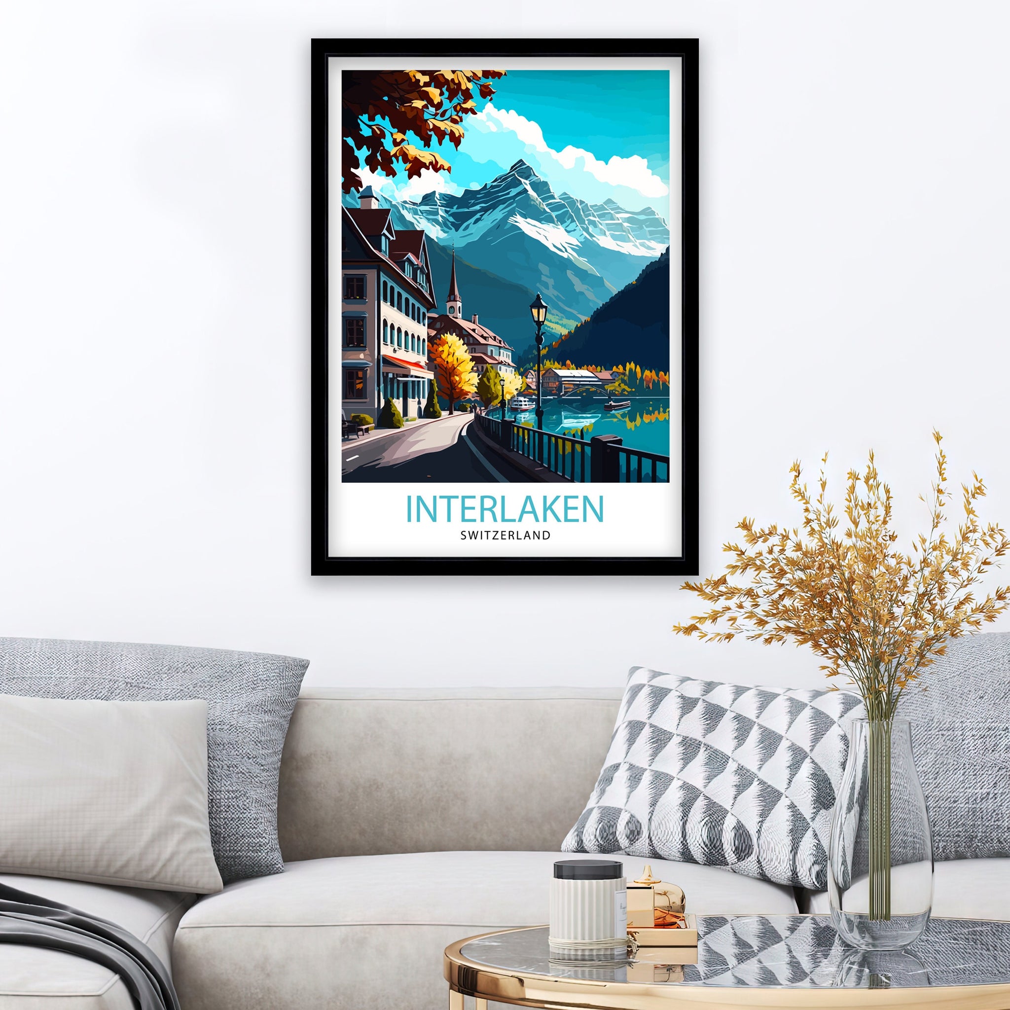 Interlaken Switzerland Travel Poster, Swiss Home Decor