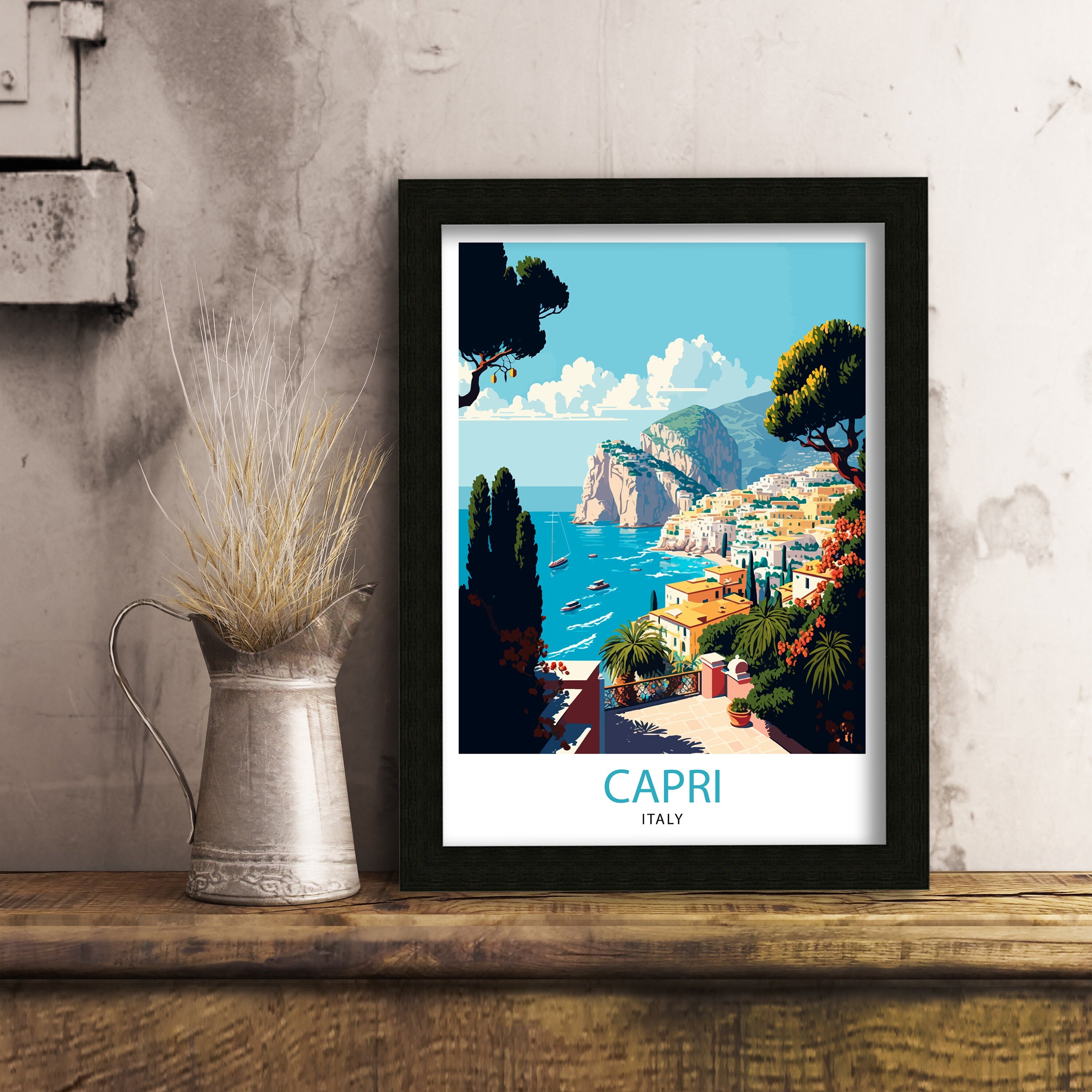 Capri Italy Travel Poster, Coastal Illustration Art Print