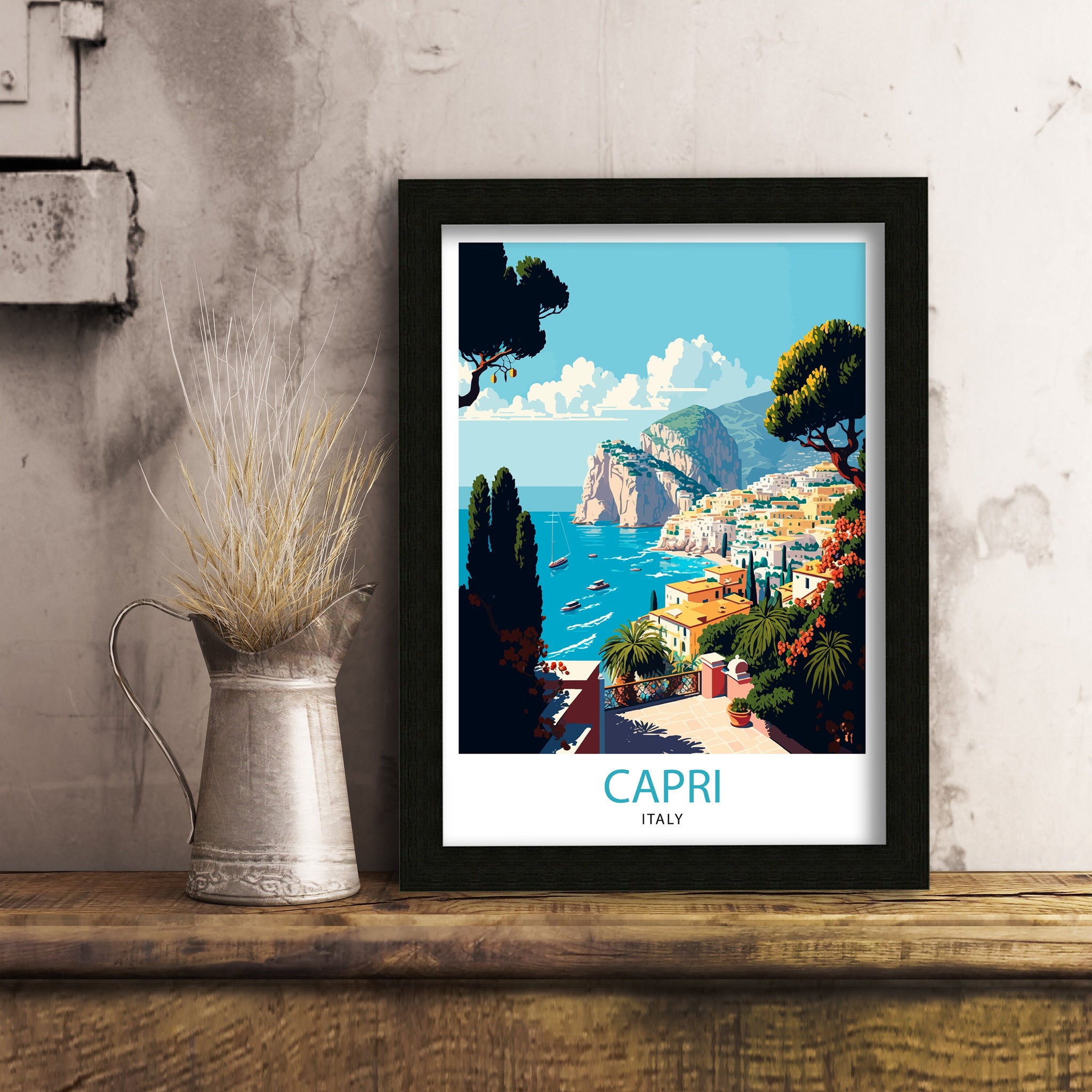 Capri Italy Travel Poster, Coastal Illustration Art Print