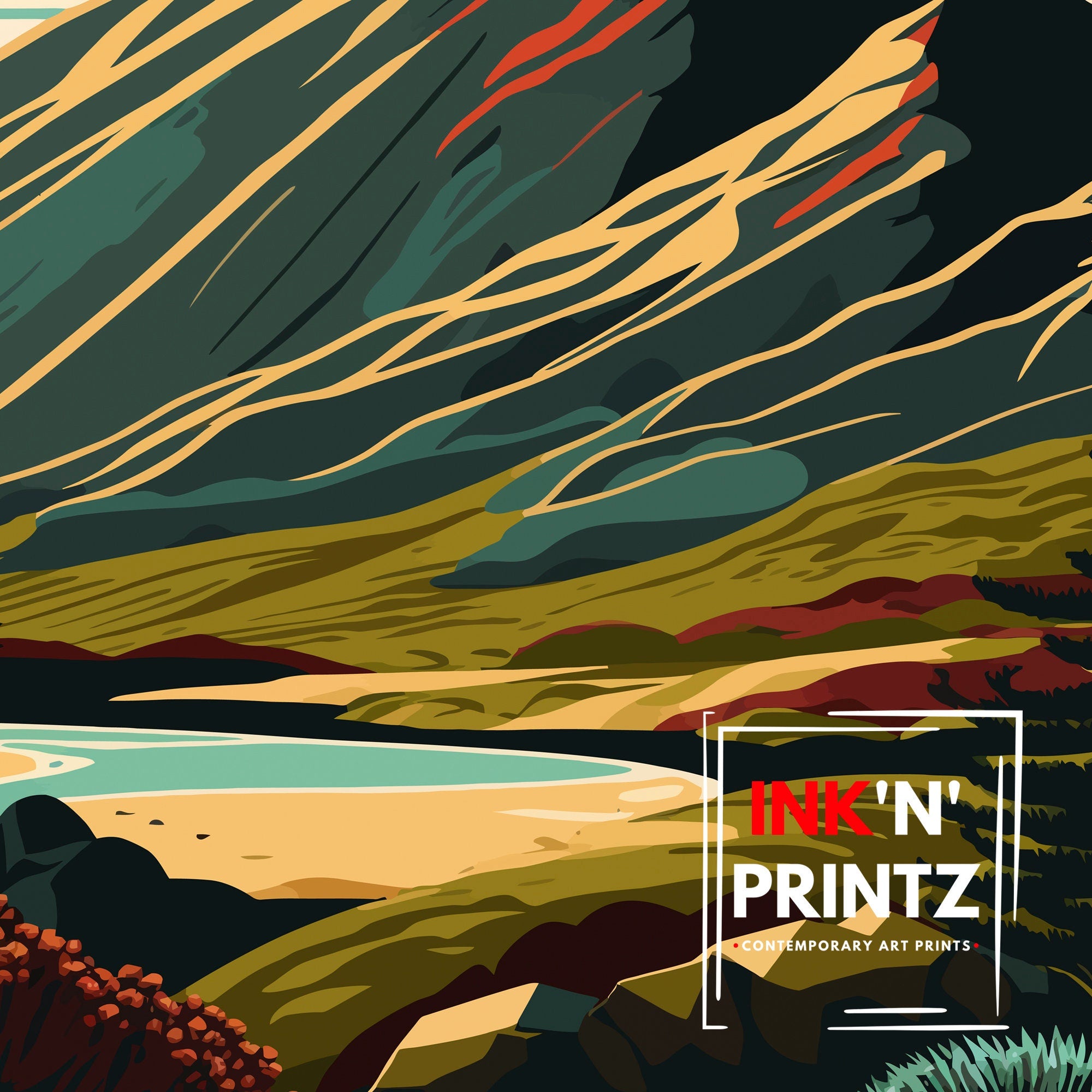 Mourne Mountains Illustration Print, Ireland Travel Poster