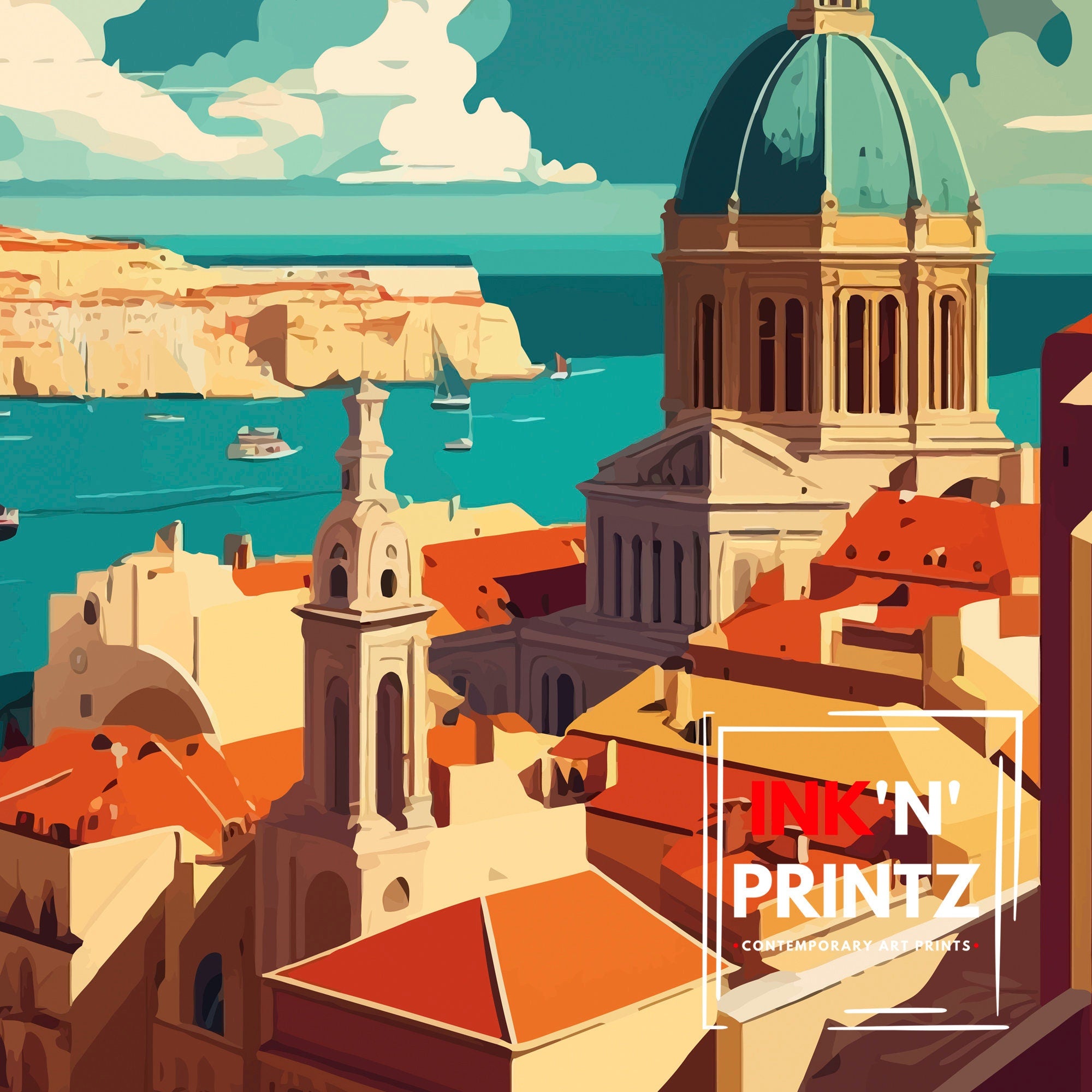Valletta Malta Travel Poster, Mediterranean City Illustration