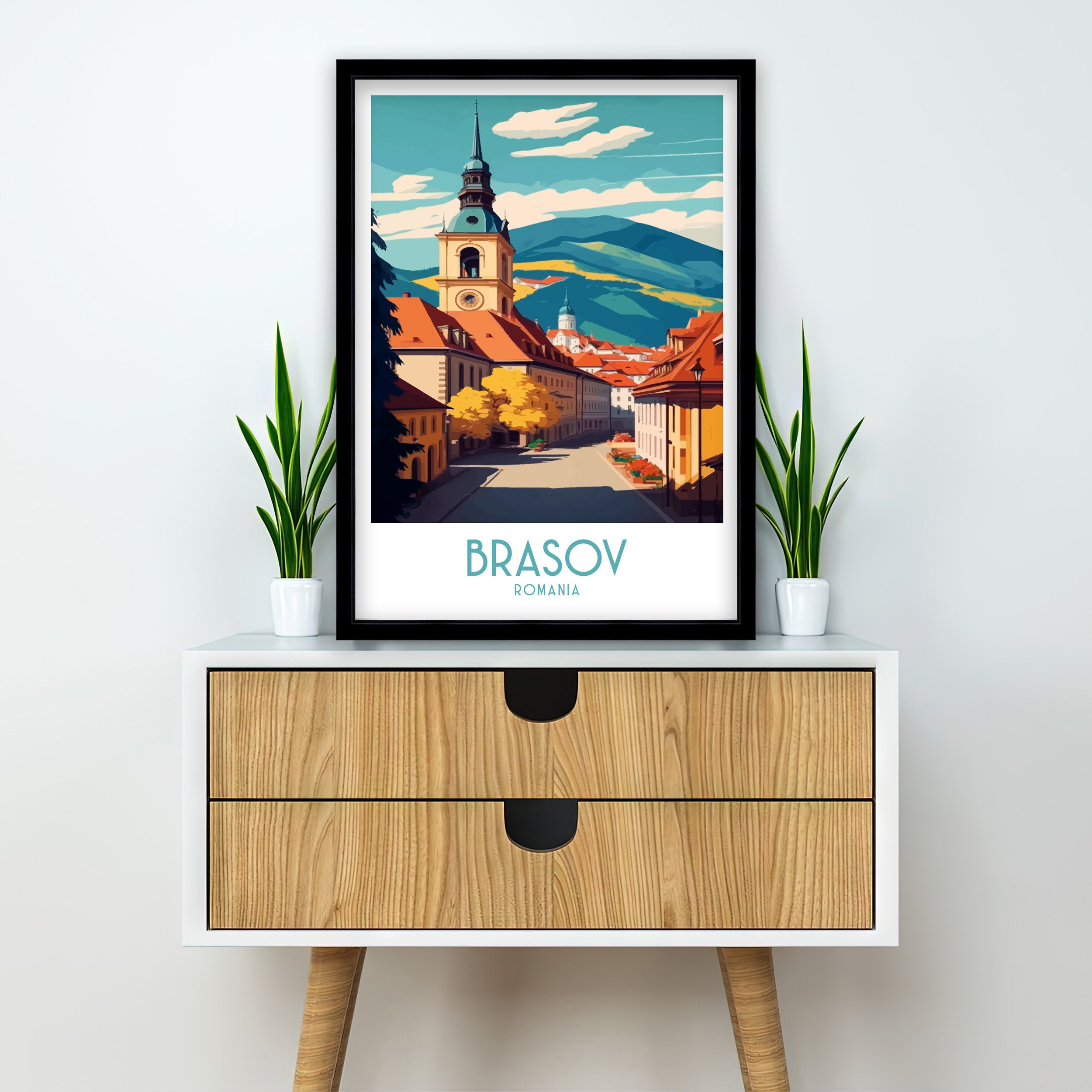 Brasov Romania Travel Poster | Panoramic City View Art Print