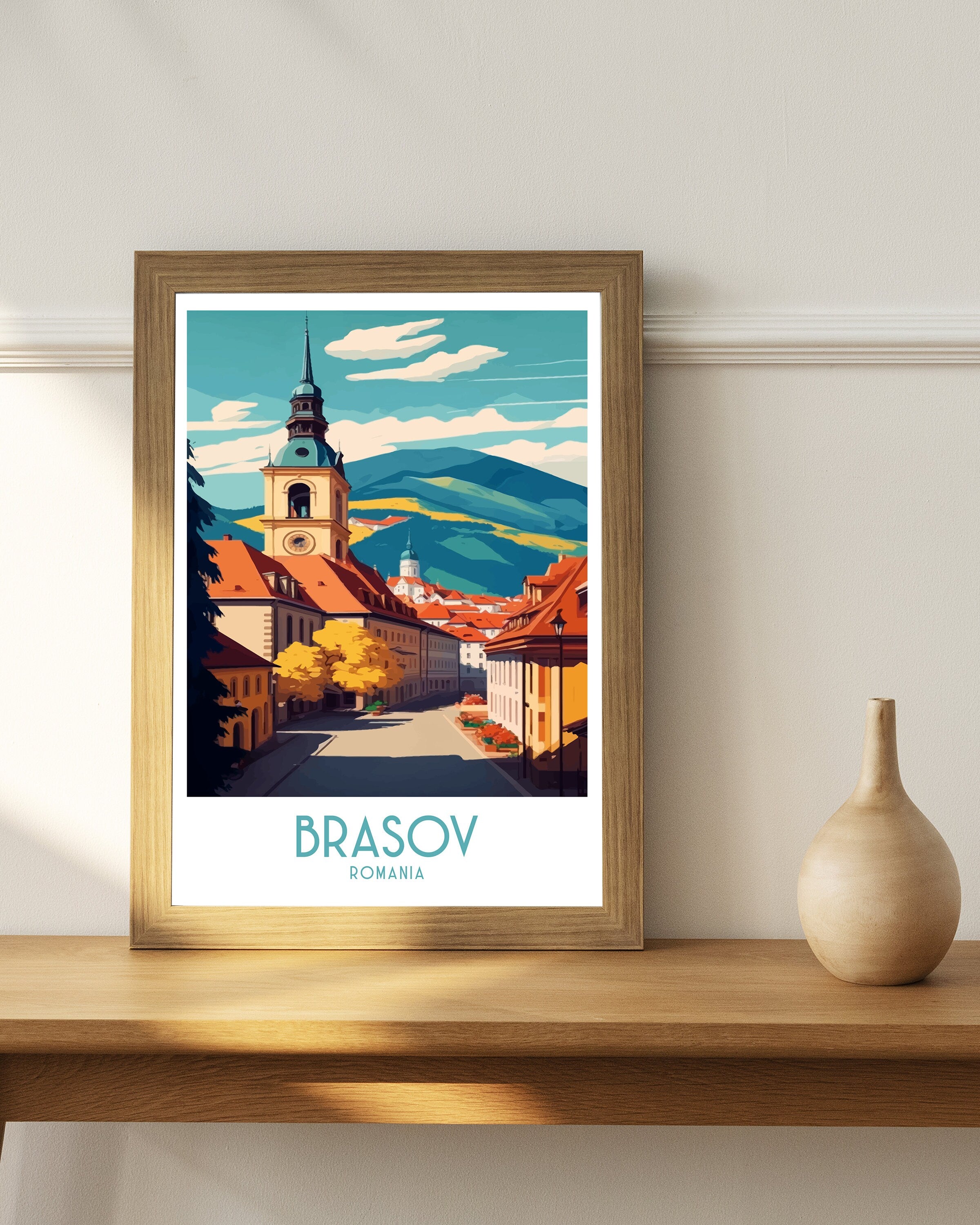 Brasov Romania Travel Poster | Panoramic City View Art Print