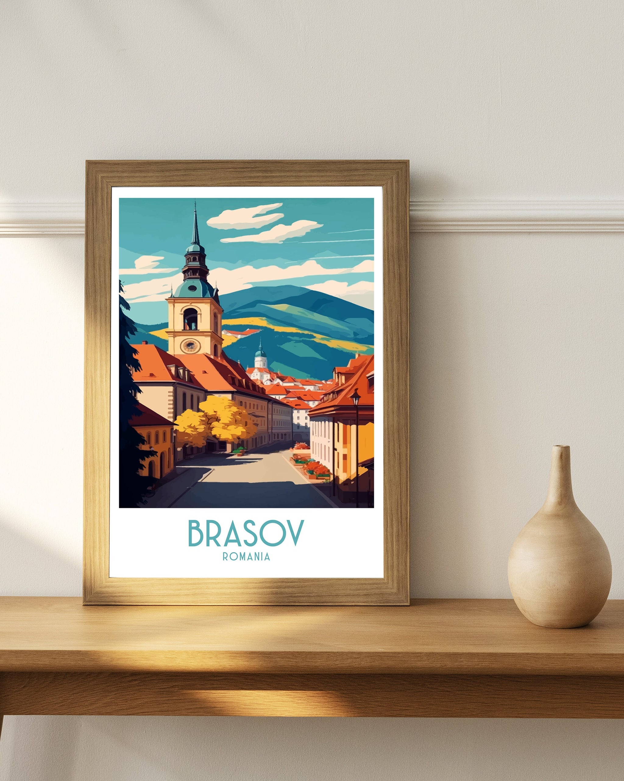 Brasov Romania Travel Poster | Panoramic City View Art Print