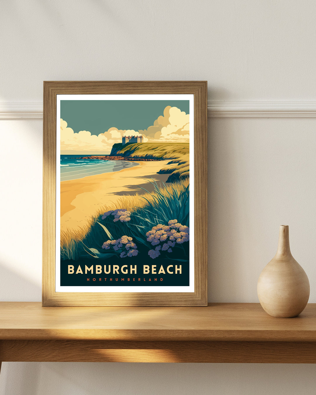 Bamburgh Beach Northumberland Travel Poster Bamburgh Castle Coastal Wall Art Northumberland Beach Decor UK Beach Illustration Travel Poster