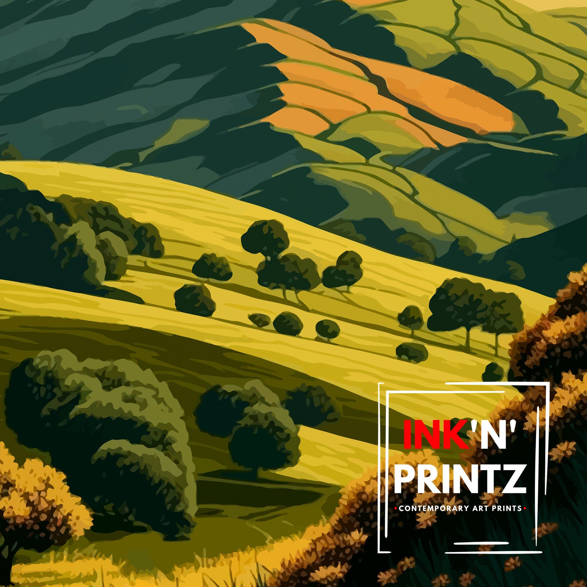 Long Mynd Shropshire Travel Poster, Hills Illustration