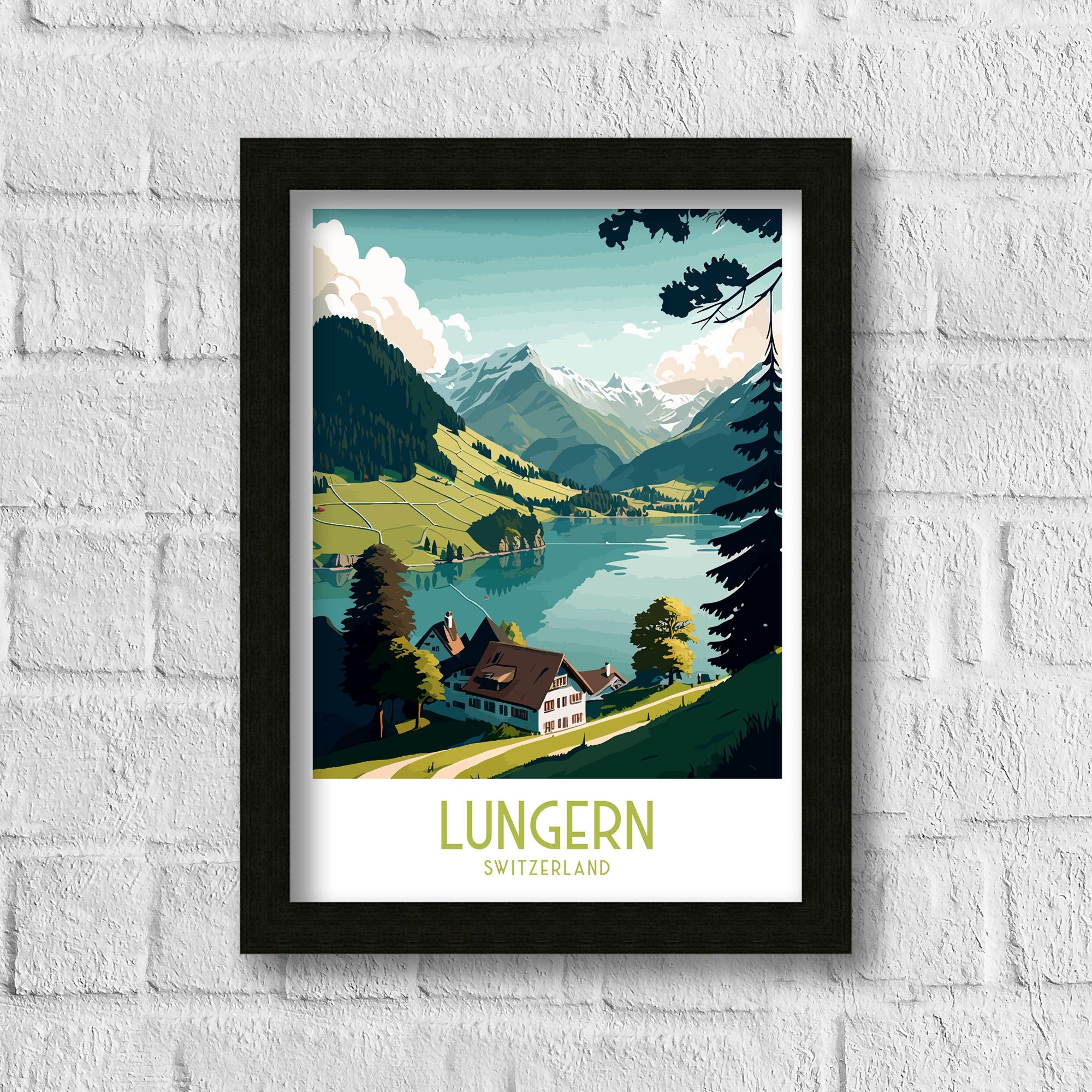 Lungern Switzerland Travel Poster, Swiss Alps Art Print