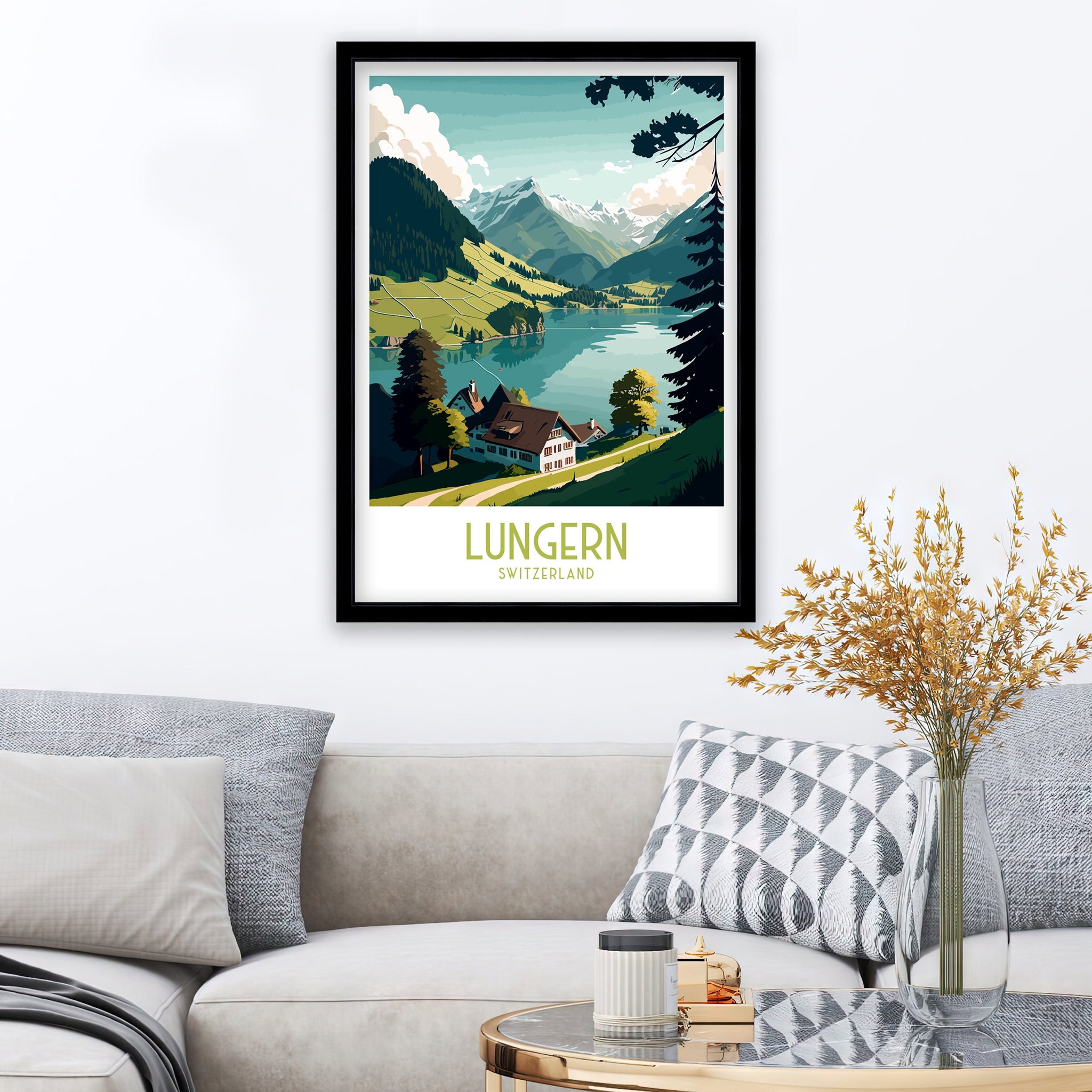 Lungern Switzerland Travel Poster, Swiss Alps Art Print