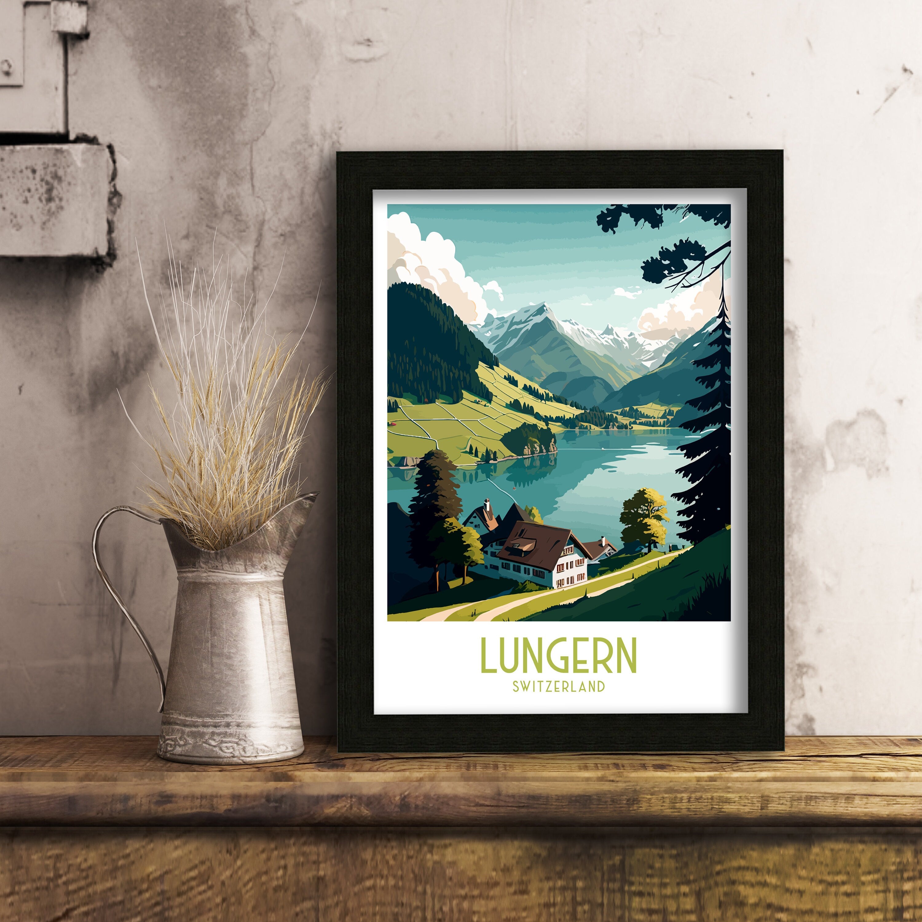 Lungern Switzerland Travel Poster, Swiss Alps Art Print