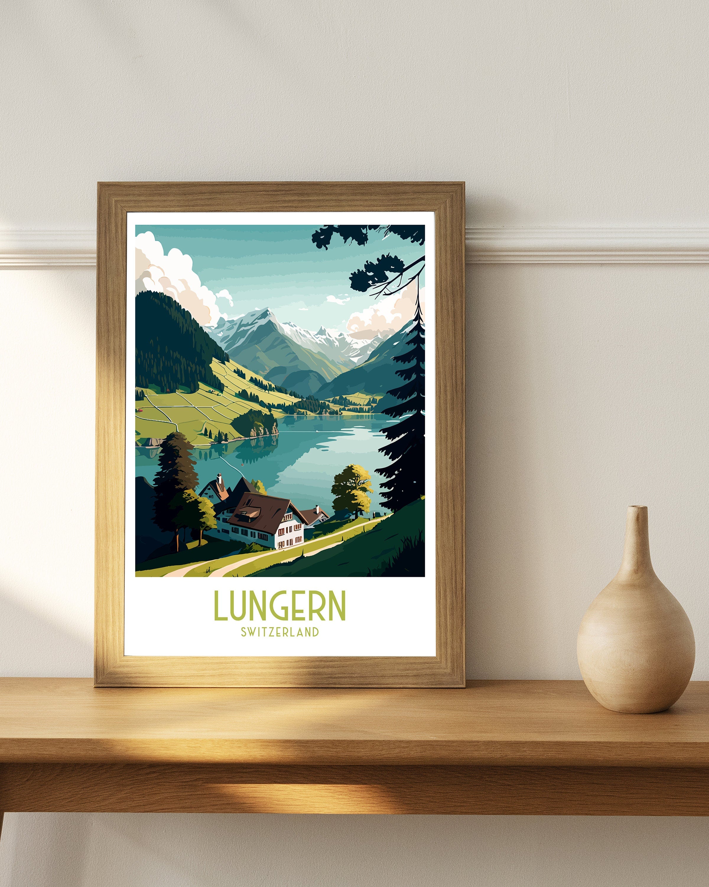 Lungern Switzerland Travel Poster, Swiss Alps Art Print