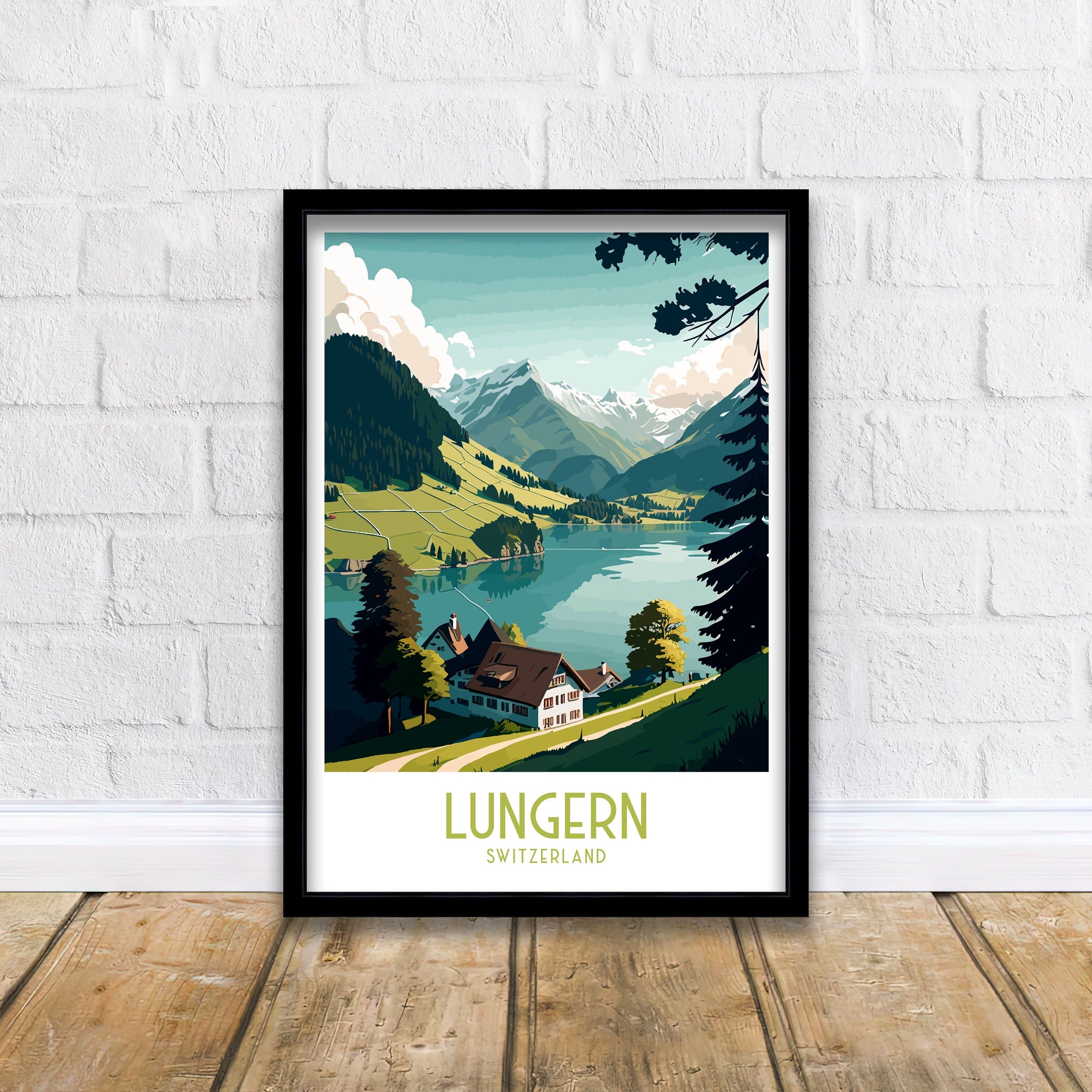 Lungern Switzerland Travel Poster, Swiss Alps Art Print